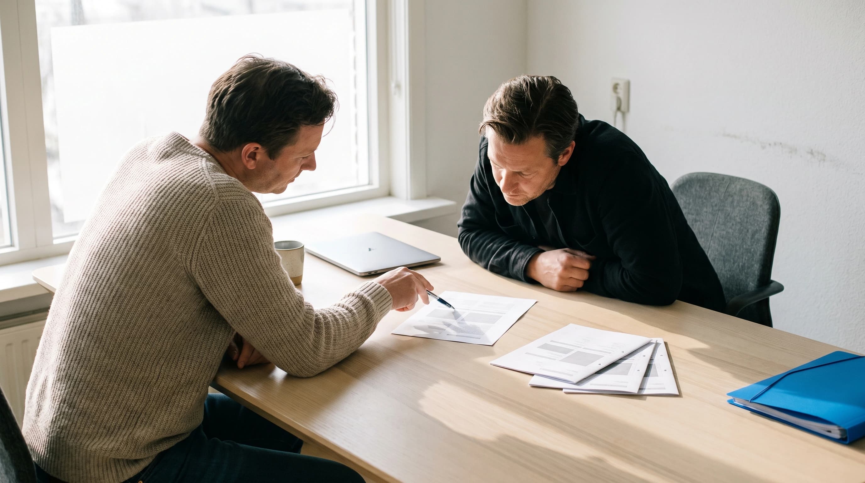 Ondernemer en adviseur bespreken een offerte aan een lichte vergadertafel met een laptop ertussen