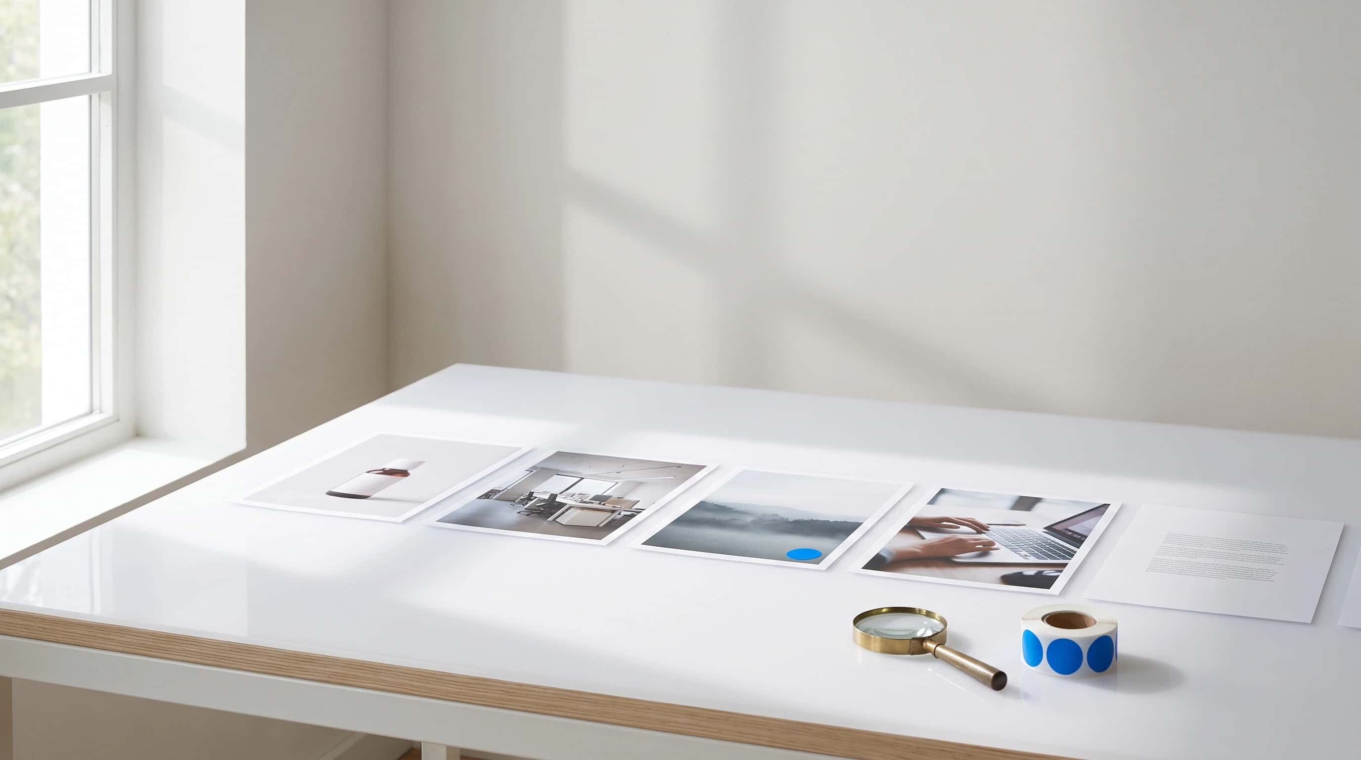 Rij uitgeprinte foto’s en tekstvellen op een lichttafel, waarvan één afdruk een klein blanco blauw stickerlabel draagt, met een loep en een rol stickers ernaast