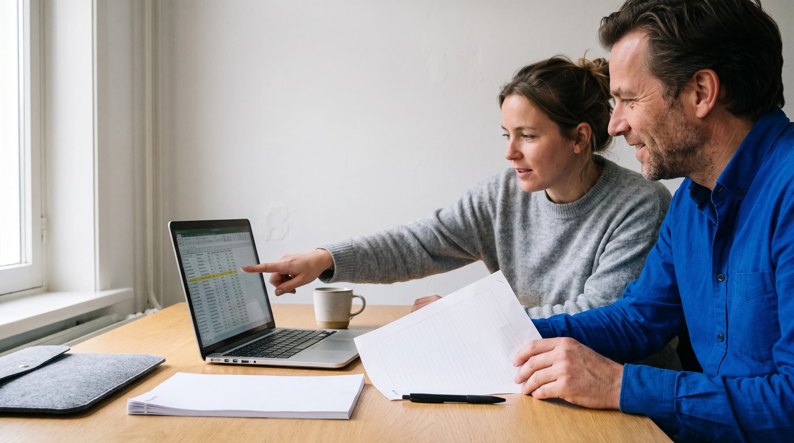 Twee collega’s kijken samen naar een laptopscherm met een factuuroverzicht aan een licht bureau