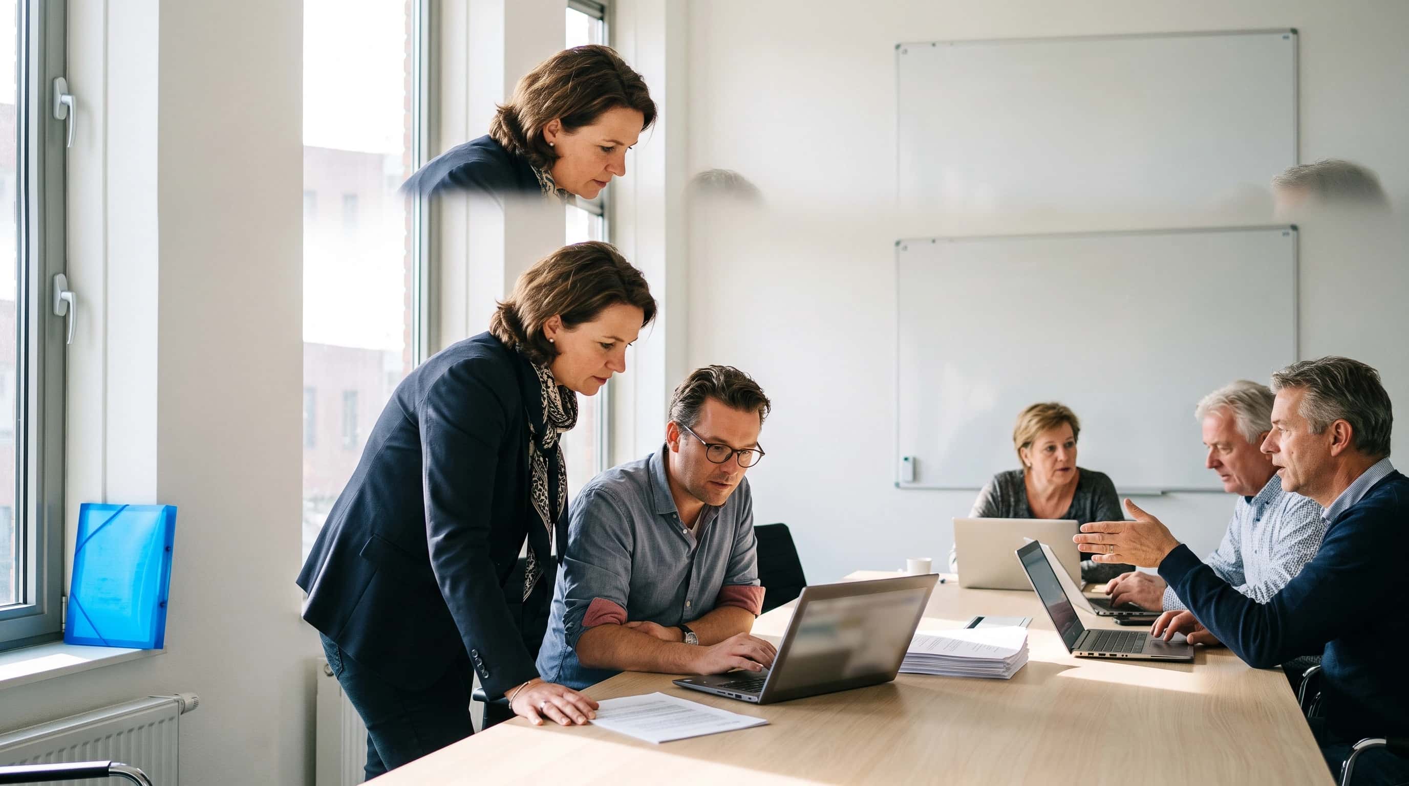 Trainer staat naast een medewerker die aan een laptop een AI-antwoord controleert, terwijl drie collega’s aan dezelfde tafel meekijken tijdens een workshop