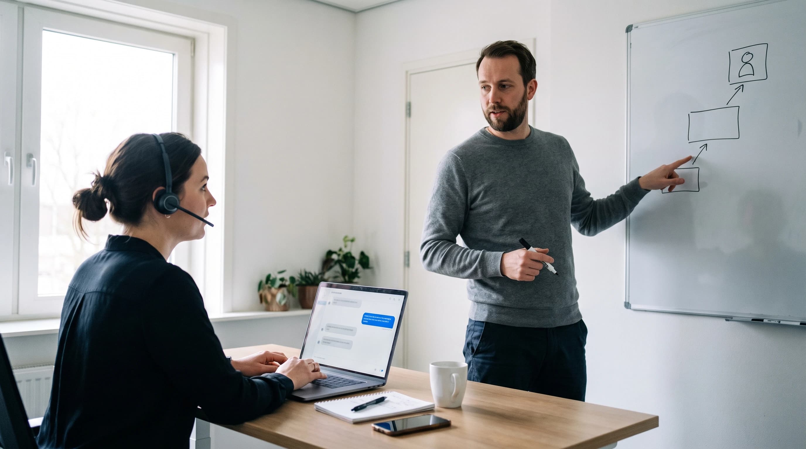 Klantenservicemedewerker met headset beantwoordt een chat op haar laptop terwijl een collega op een whiteboard een trap van drie stappen aanwijst