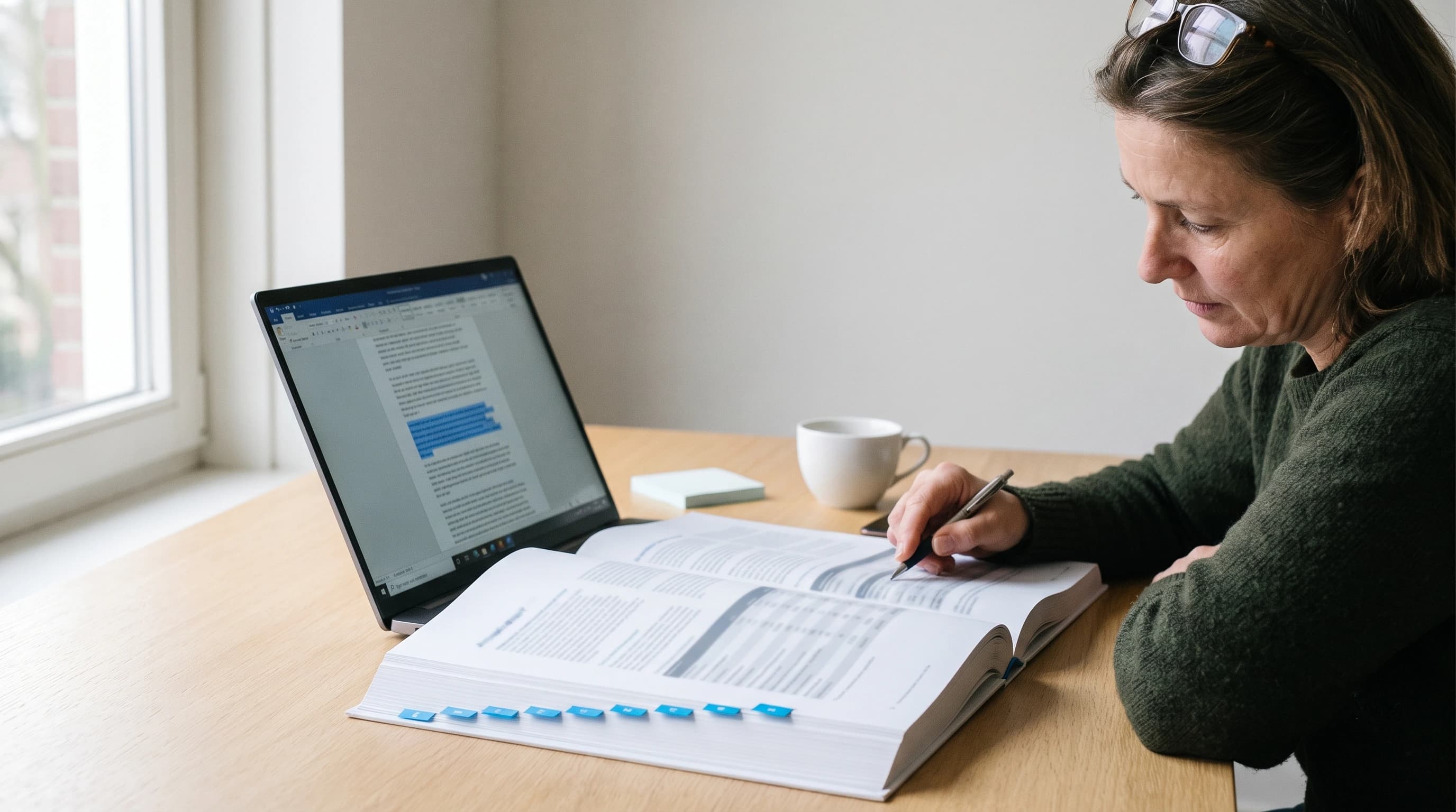 Iemand wijst met een pen naar een tabel in een dik gebonden jaarverslag met blauwe indextabs, naast een laptop waarop een lang document met één gemarkeerde passage openstaat