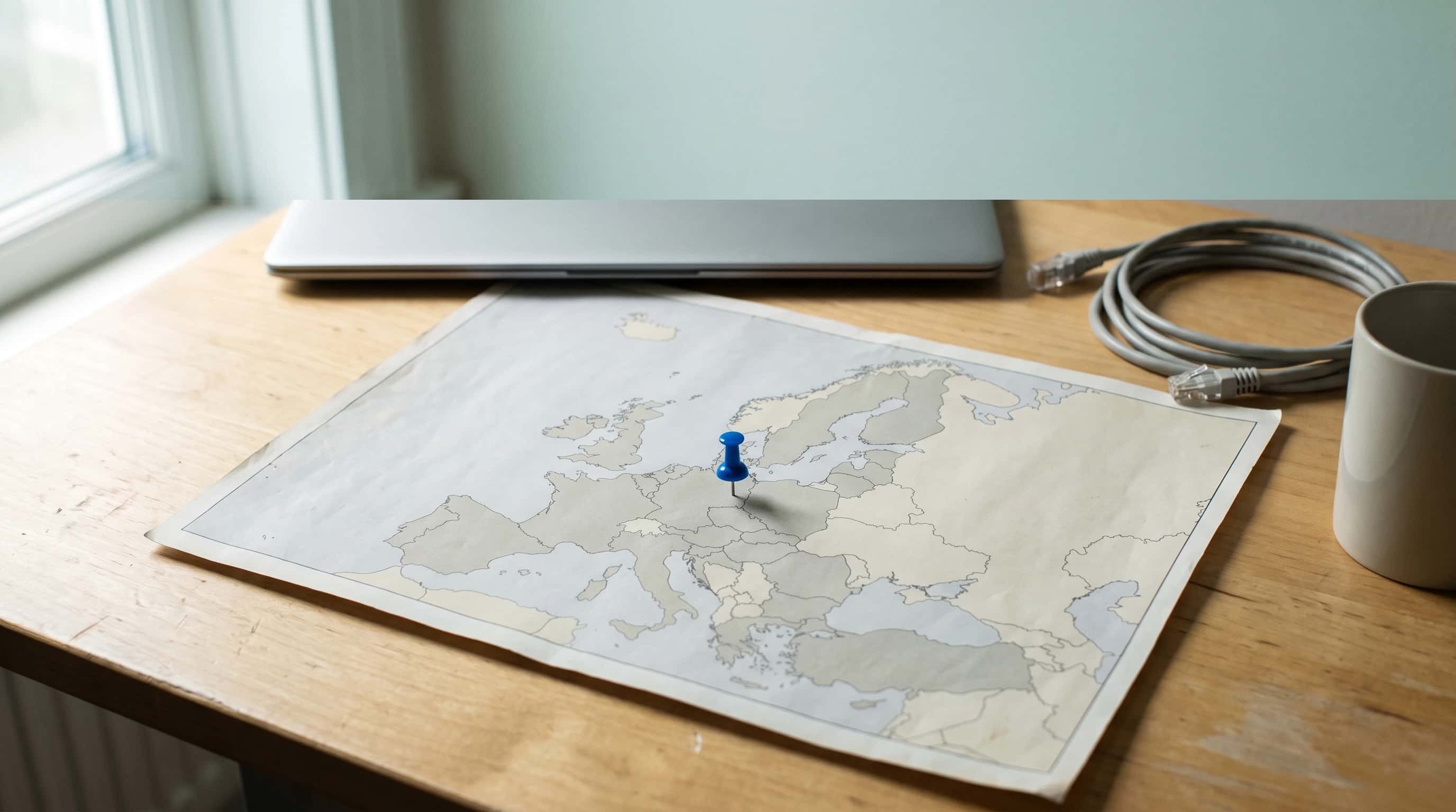 Stilleven van bovenaf: een uitgevouwen papieren kaart van Europa op een licht bureau met een blauwe speld erin, naast een laptop en een netwerkkabel