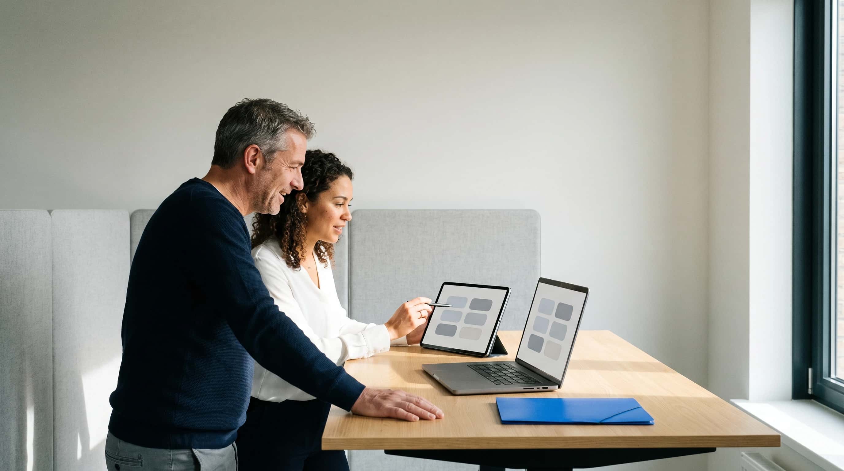 Twee collega’s vergelijken op een laptop en een tablet naast elkaar twee AI-assistenten in een licht kantoor