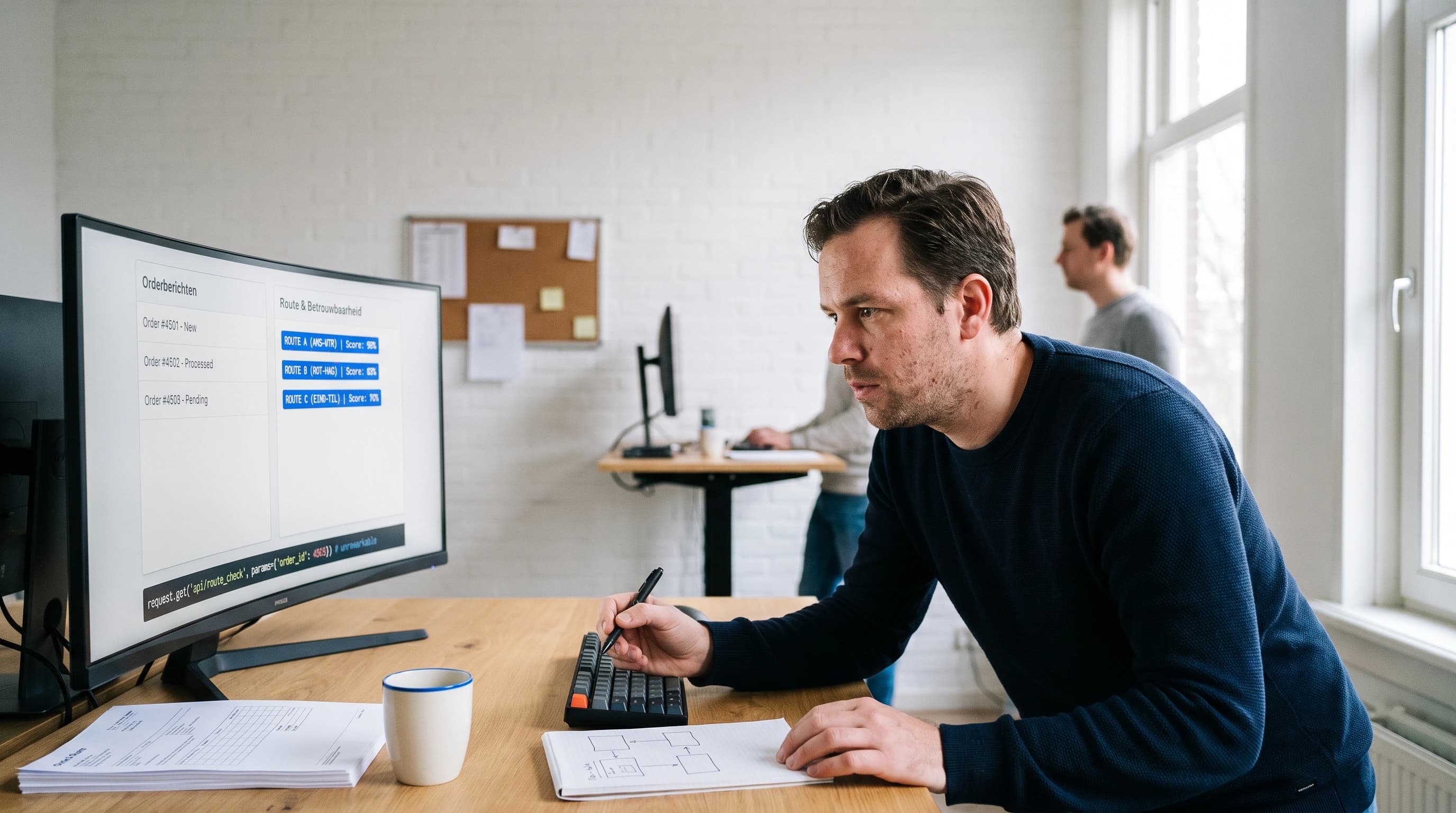 Ontwikkelaar kijkt op een scherm naar een koppeling waarin binnenkomende orderberichten via de Claude API een route en een betrouwbaarheidsscore krijgen