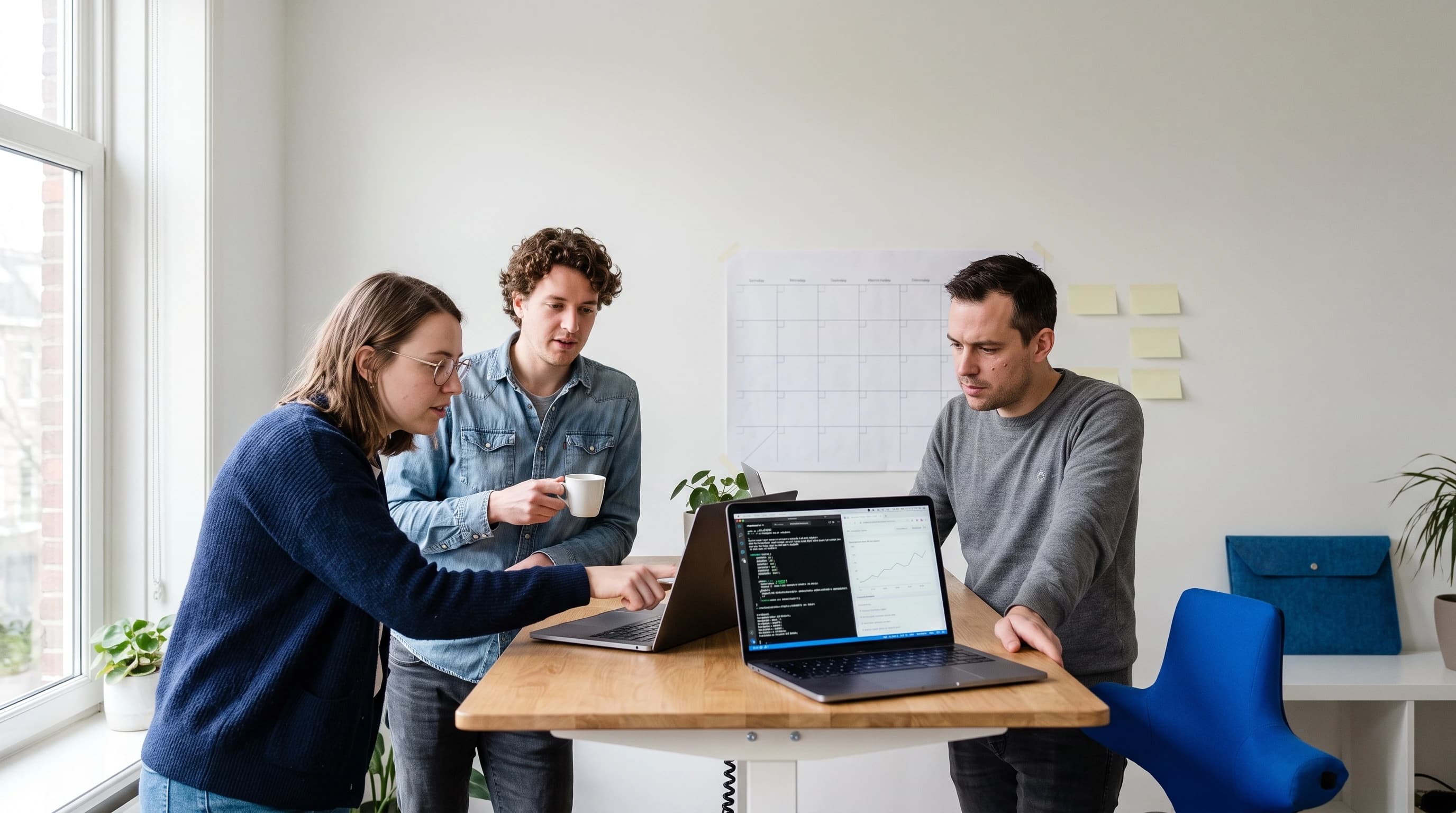 Drie ontwikkelaars overleggen bij een standing desk met twee open laptops, waarvan er een een terminalsessie toont
