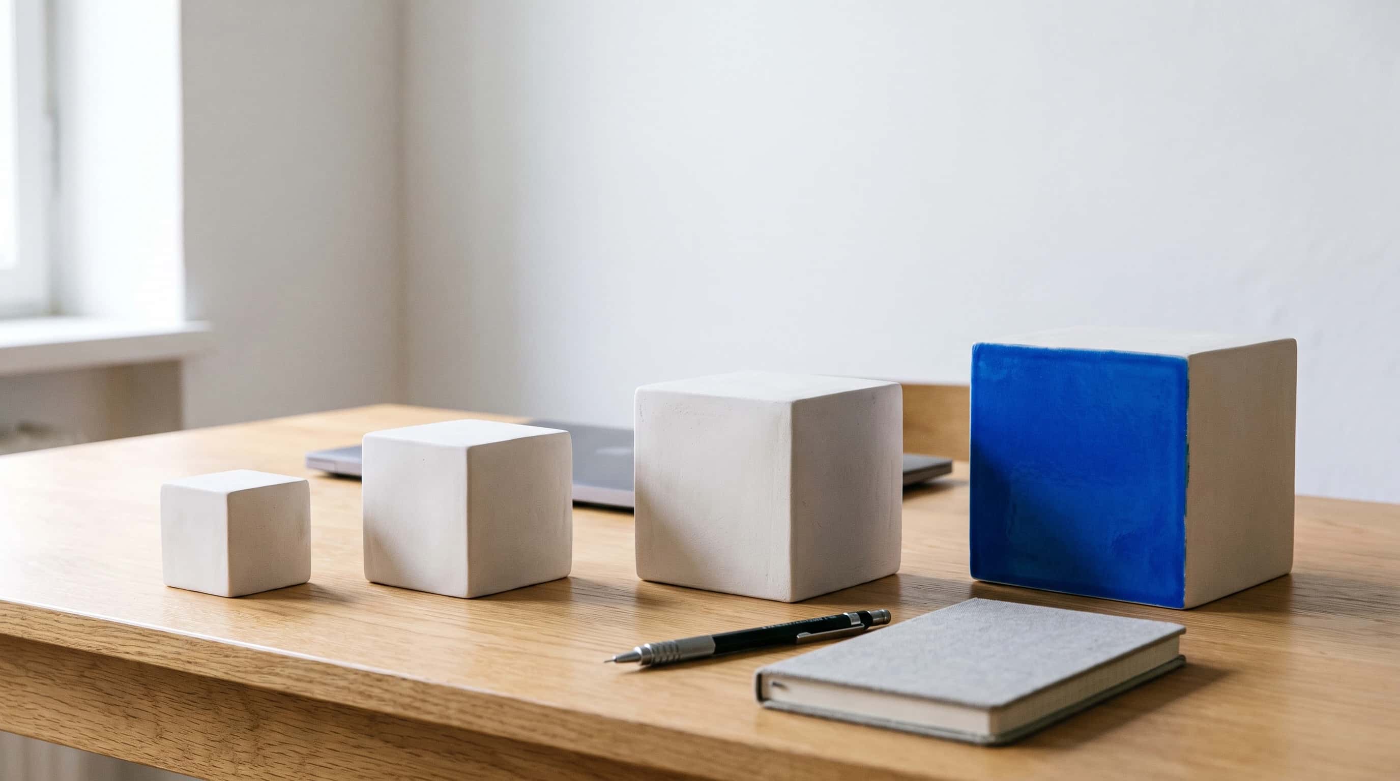 Vier matte witte kubussen van oplopend formaat op een rij op een licht houten bureau, de grootste met een elektrisch blauwe zijkant, in zacht raamlicht