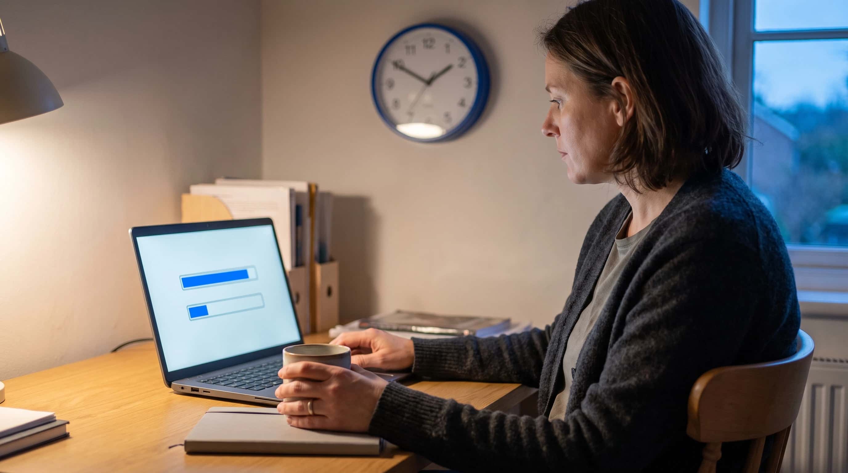 Een vrouw werkt in de avond aan een bureau met een laptop waarop een bijna volle voortgangsbalk staat, met een wandklok op de achtergrond