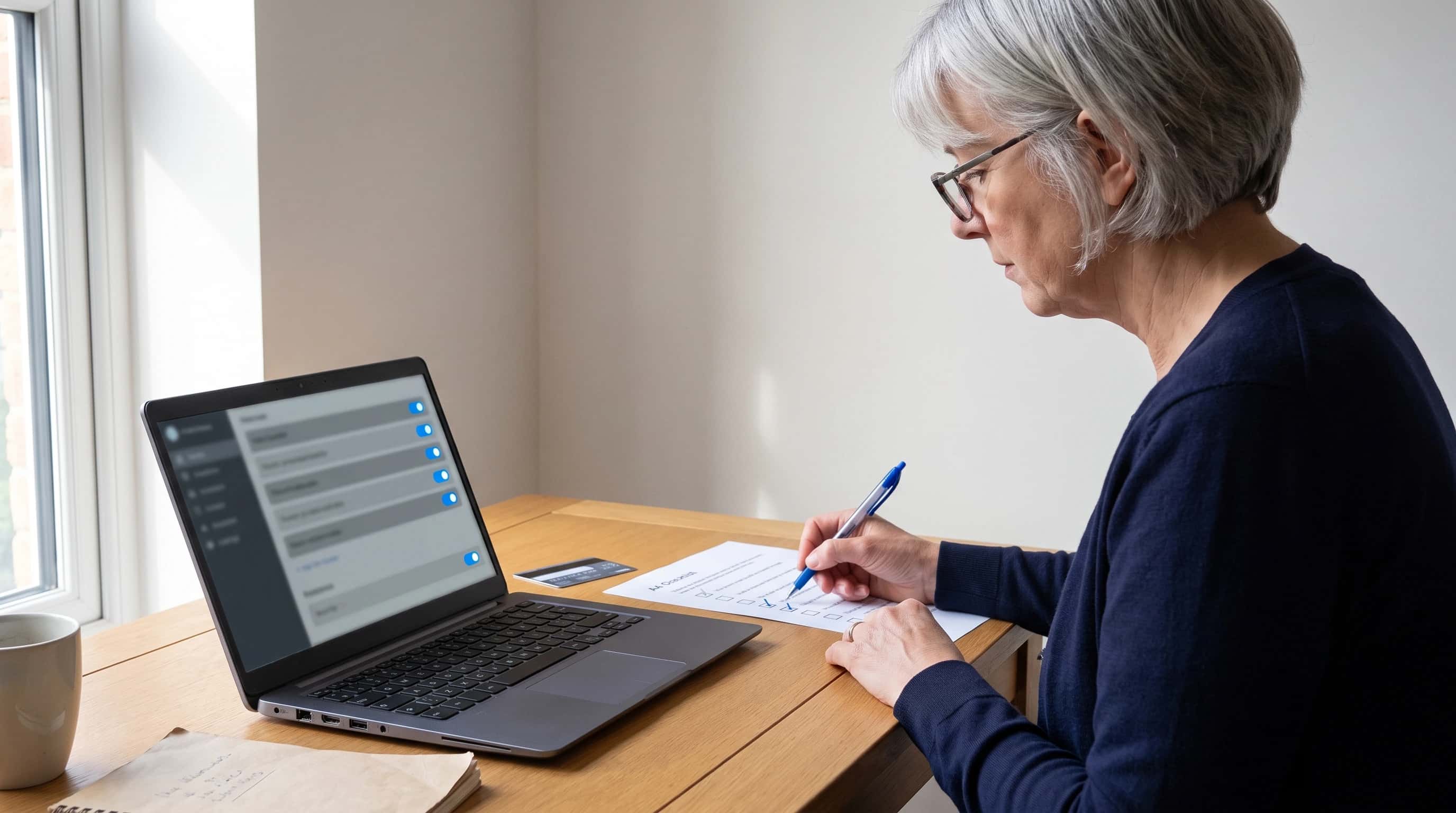 Een beheerder aan een licht bureau vinkt een uitgeprinte checklist af naast een laptop met een instellingenlijst met schakelaars, terwijl een betaalpas omgekeerd naast het toetsenbord ligt