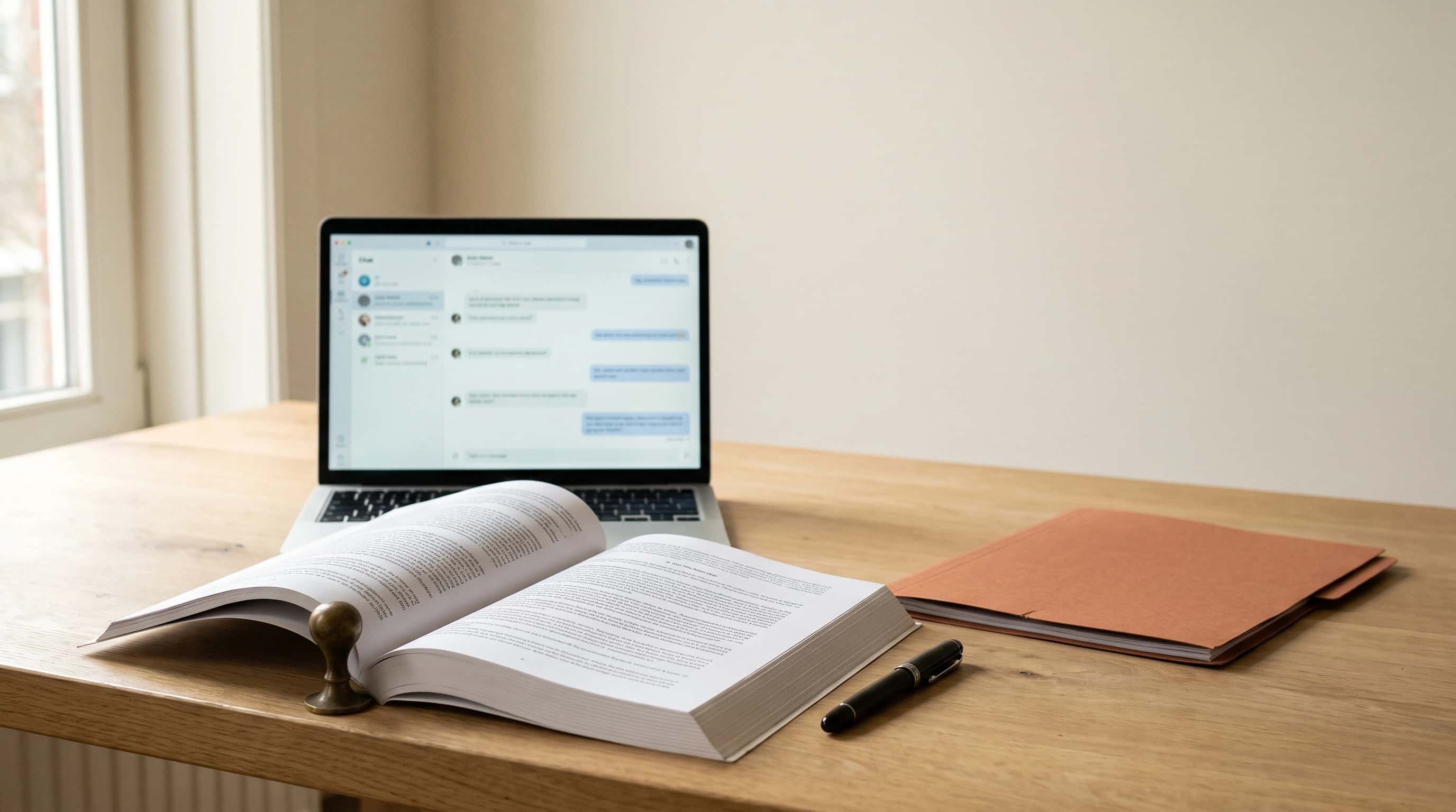 Stilleven van een opengeslagen gedrukt contract met een messing presse-papier en een terracotta documentmap naast een laptop met een chatvenster, op een lichte houten werktafel