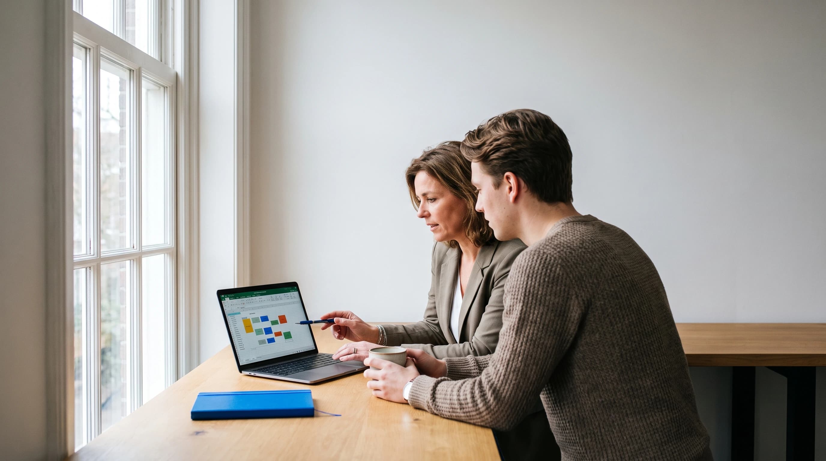 Twee collega’s bekijken samen op een laptop een licentieoverzicht in een licht kantoor, één wijst naar het scherm