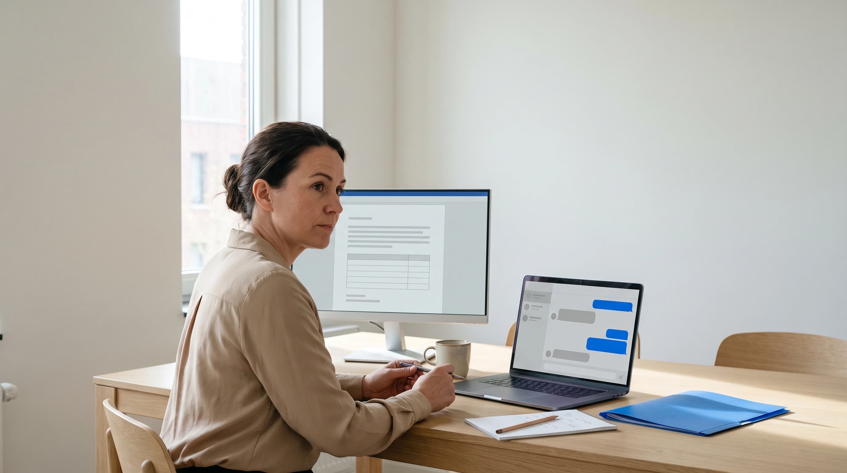 Een medewerker aan een bureau met twee schermen naast elkaar: links een documentvenster met tekst en tabel, rechts een chatvenster, terwijl zij met een pen tussen beide kiest