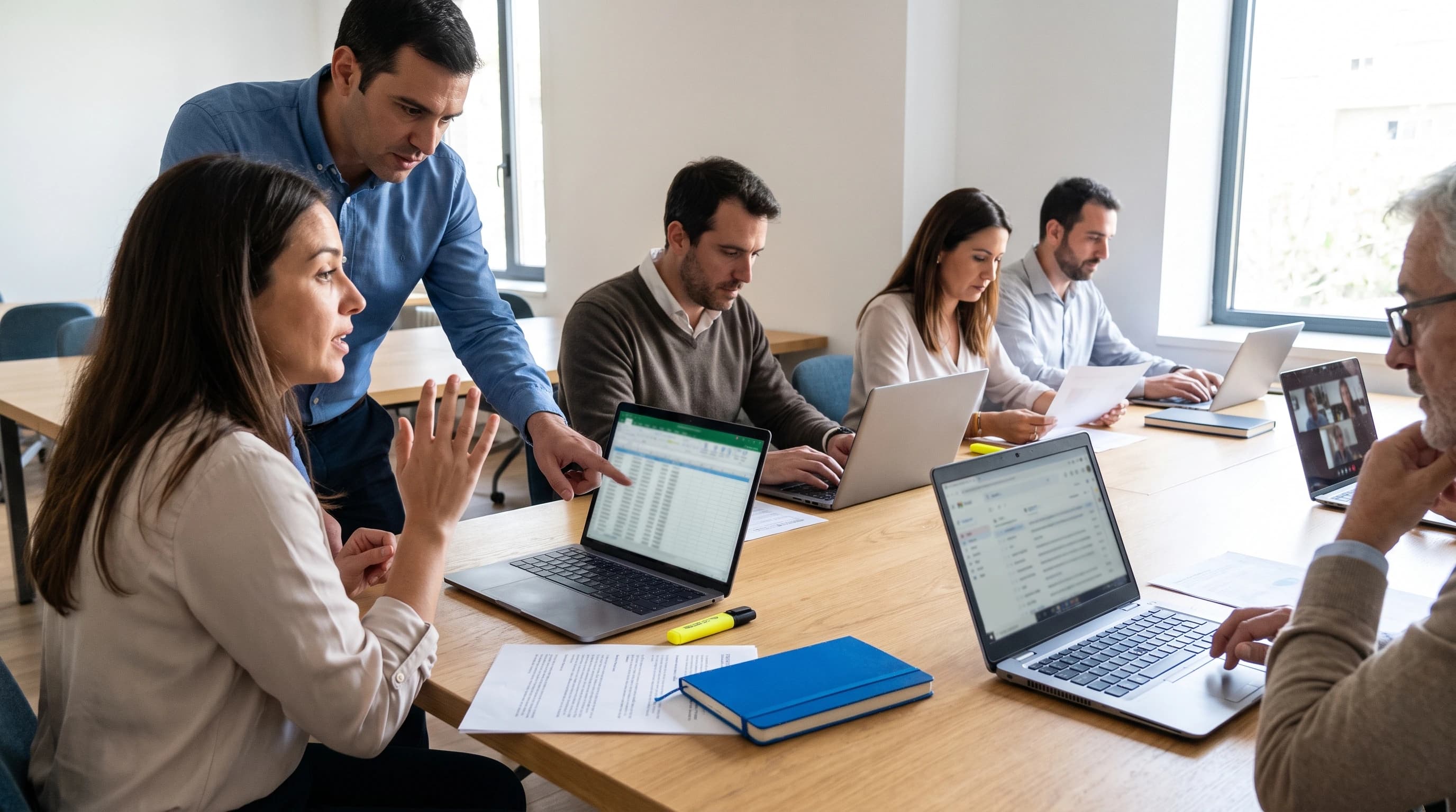 Trainer wijst naar het laptopscherm van een deelnemer terwijl vier medewerkers aan één tafel elk in een andere Office-toepassing oefenen tijdens een Copilot-training