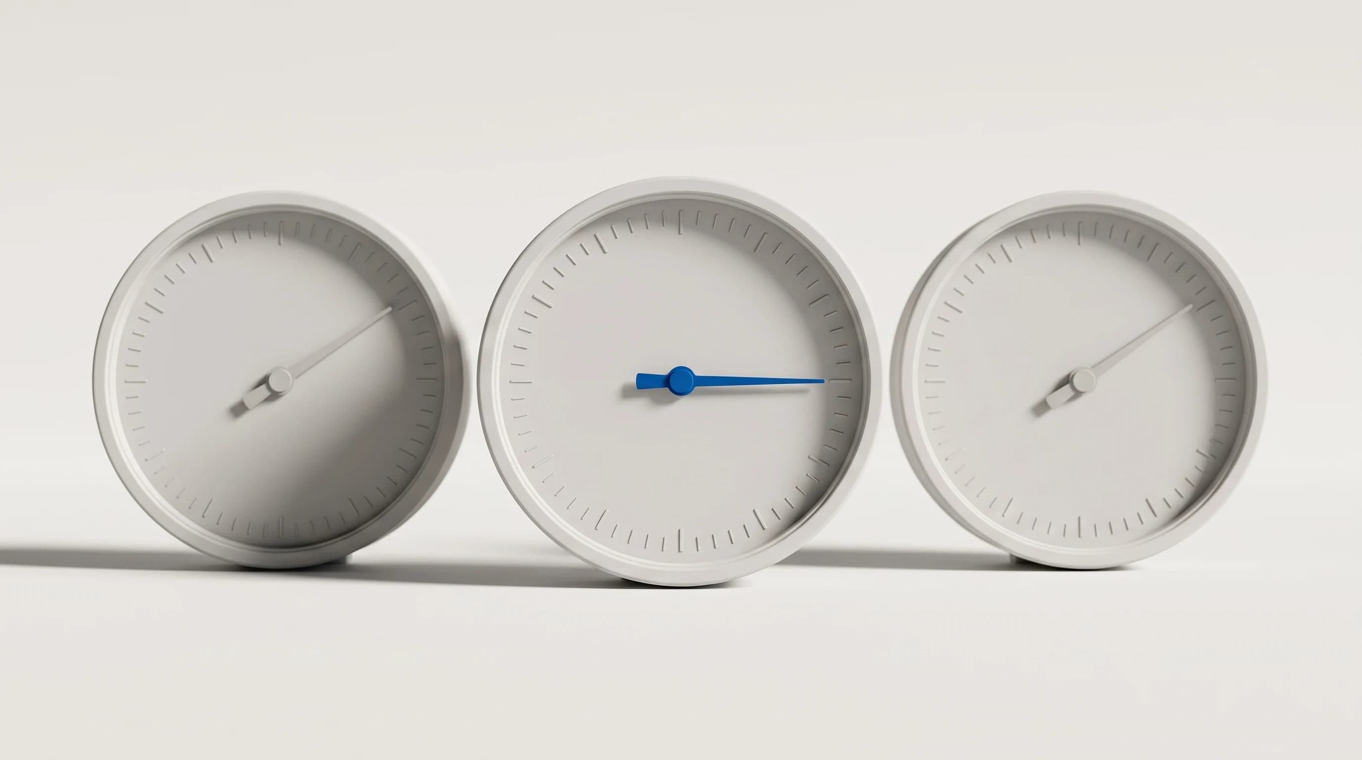 Drie ronde meters met alleen streepjes op de wijzerplaat, de middelste met een blauwe naald