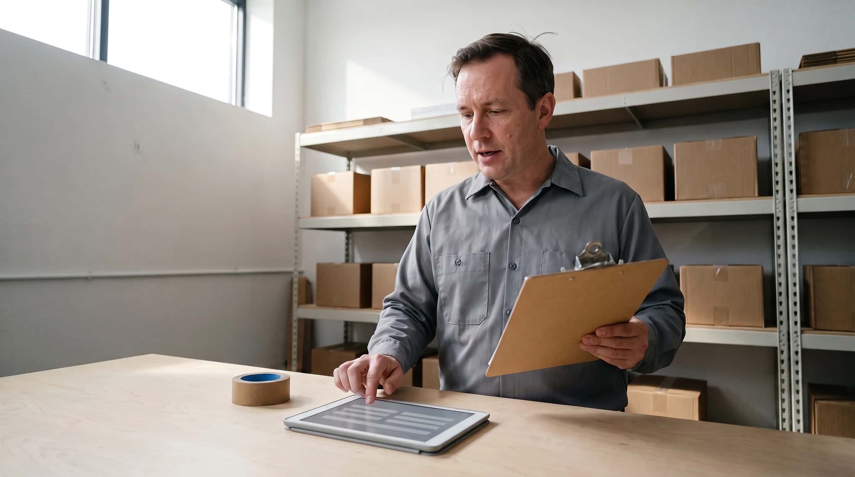 Man met klembord tikt op een tablet met een leeg formulier aan een werkbank, stelling met dozen erachter