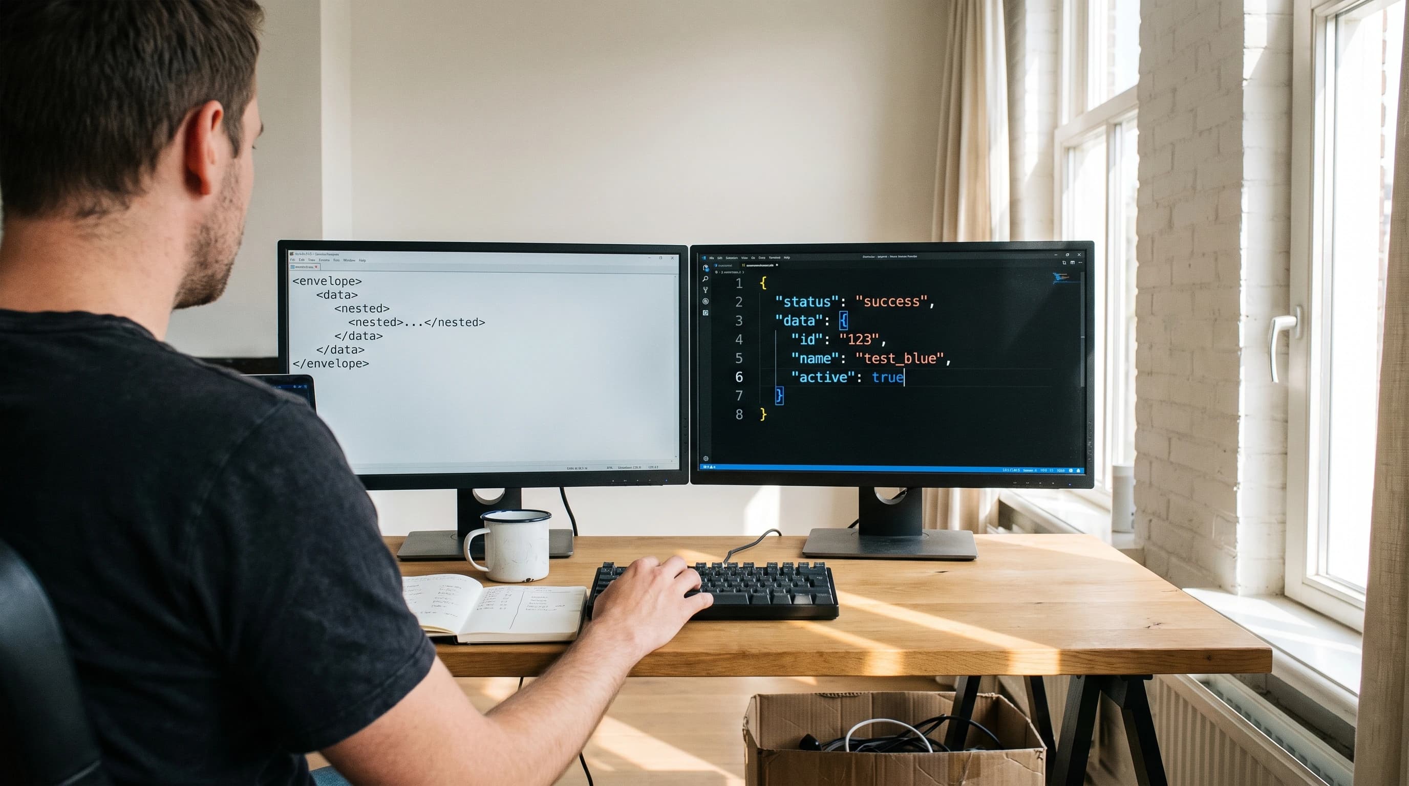 Ontwikkelaar bekijkt op een scherm de JSON-respons van de e-Boekhouden REST-API naast een boekhoudoverzicht