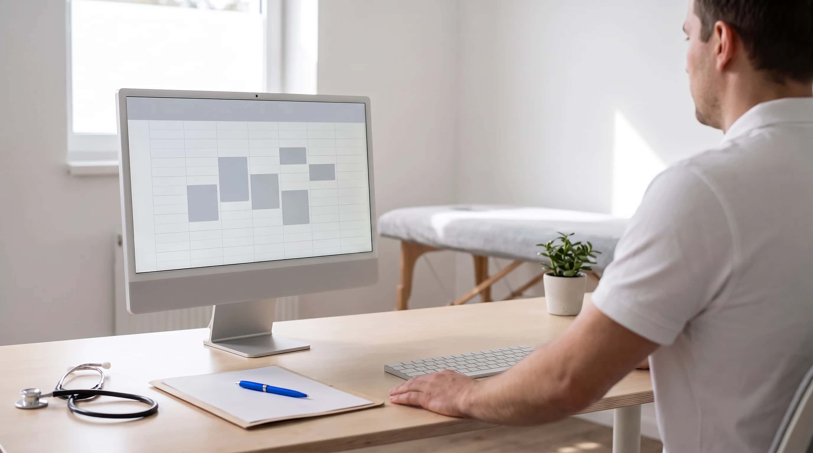 Behandelkamer met een monitor die een lege weekagenda toont, stethoscoop en blauwe pen op het bureau