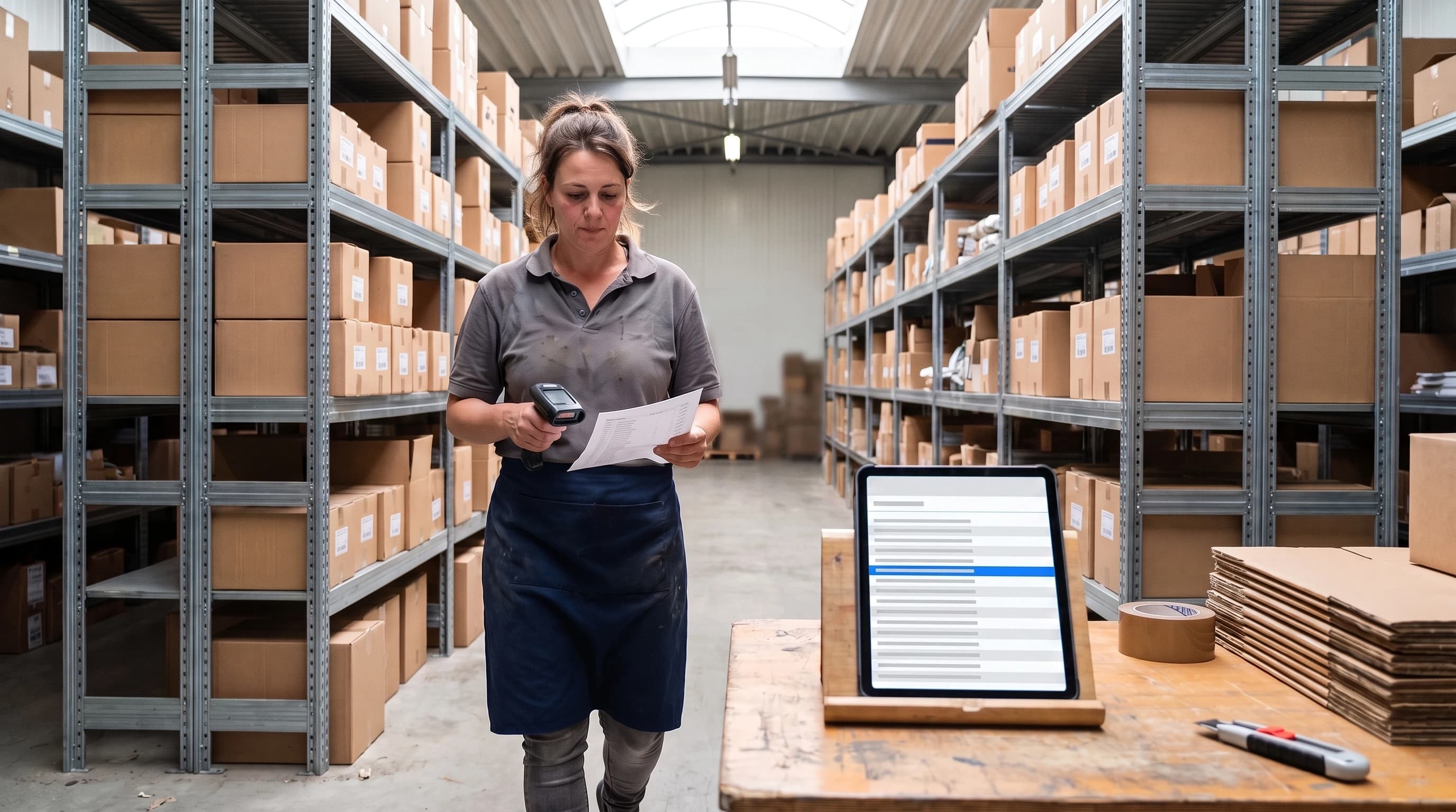 Magazijnmedewerker met een handscanner bij een stelling met dozen, terwijl op een tablet aan de balie een voorraadoverzicht openstaat