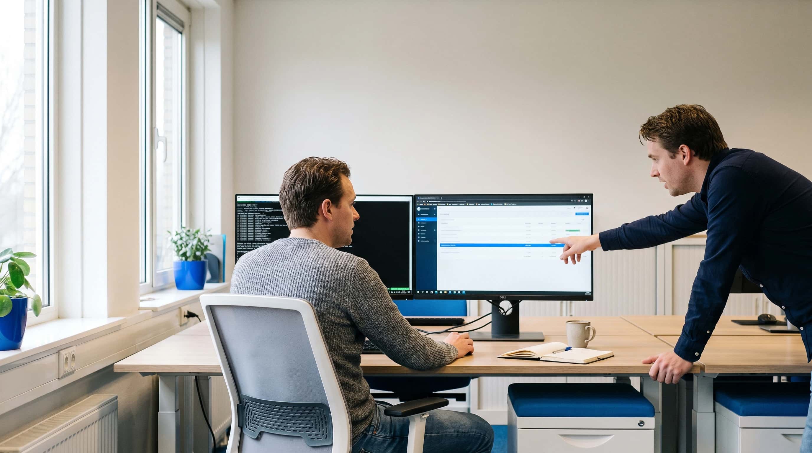 Ontwikkelaar aan een bureau bij raamlicht met twee schermen: links een terminal met API-logregels, rechts een boekhoudoverzicht, een collega kijkt over de schouder mee