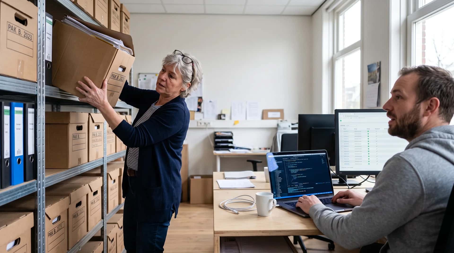 Medewerker zet een archiefdoos met papieren pakbonnen op een stellingkast terwijl een ontwikkelaar aan een bureau met code en een orderlijst met haar praat