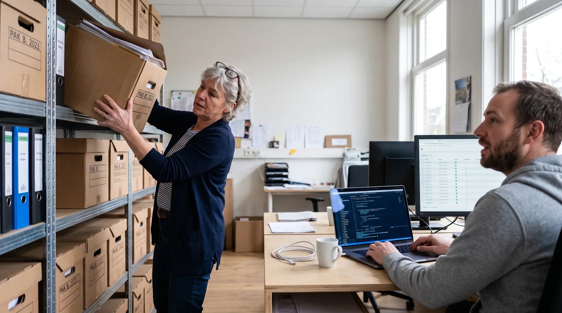 Medewerker zet een archiefdoos met papieren pakbonnen op een stellingkast terwijl een ontwikkelaar aan een bureau met code en een orderlijst met haar praat