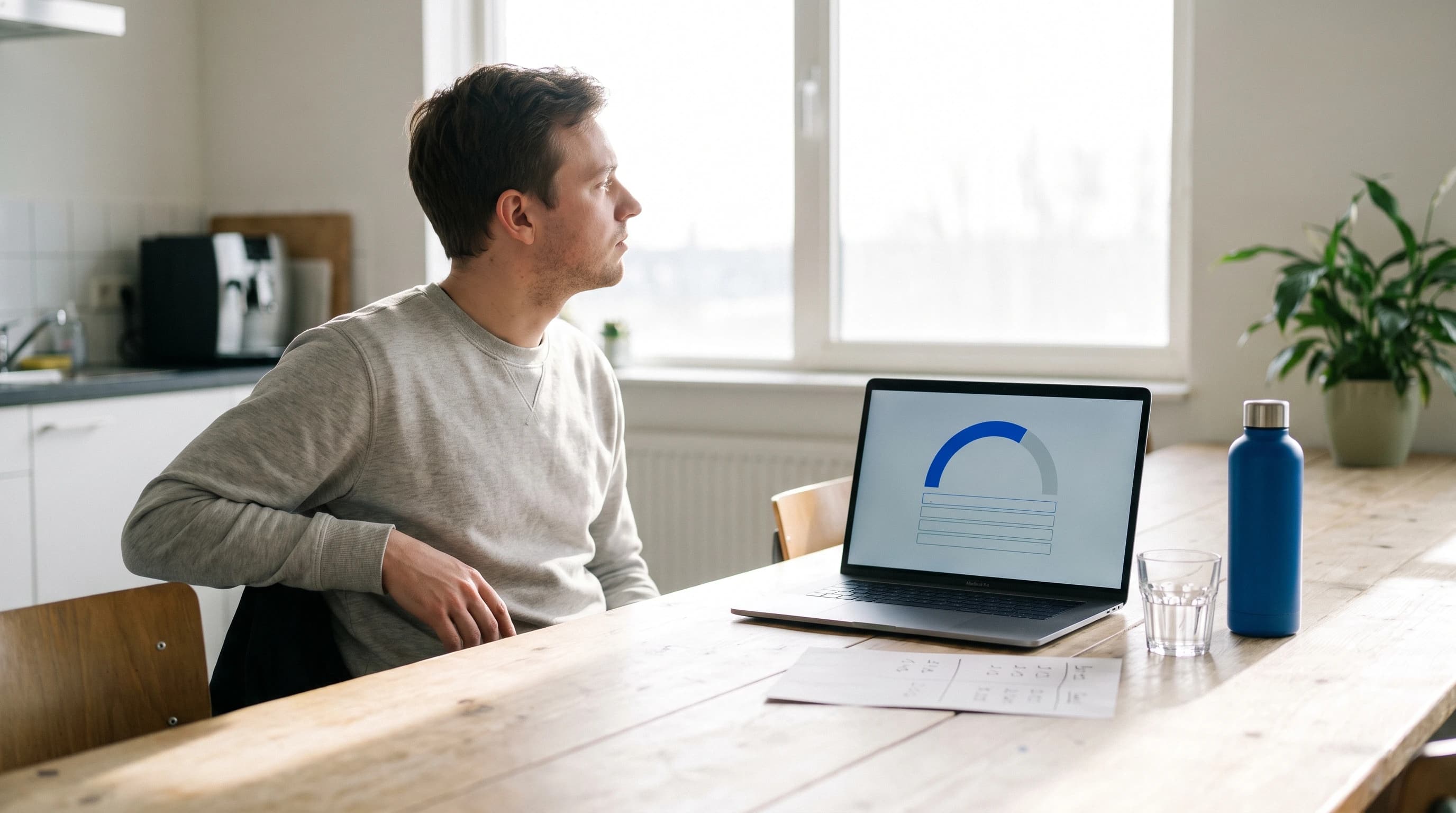 Een ontwikkelaar wacht aan een kantinetafel bij een laptop die een halfgevulde meterboog toont, naast een uitgeprint tarievenoverzicht