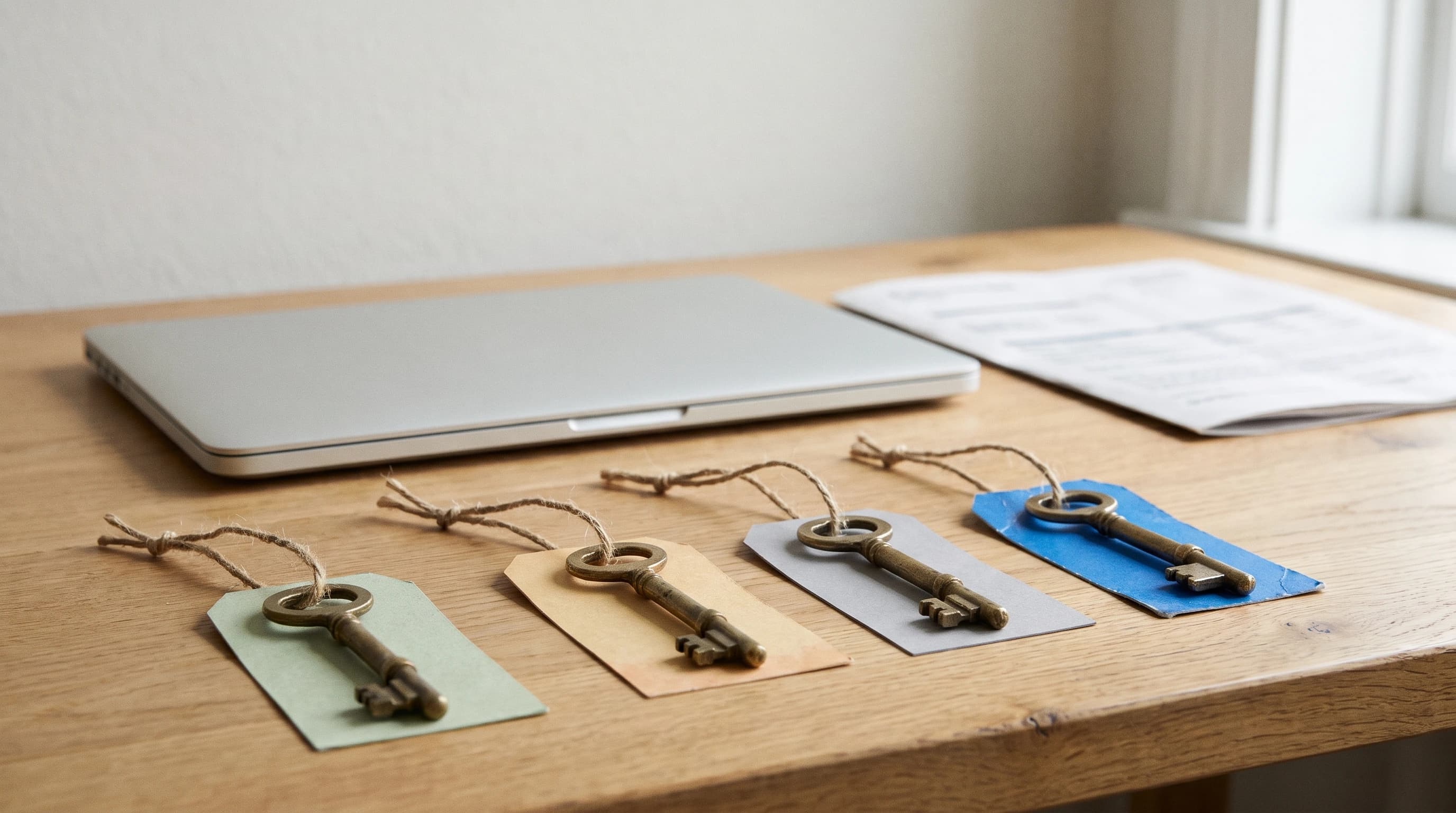 Vier sleutels met verschillend gekleurde labels naast elkaar op een houten bureau voor een dichtgeklapte laptop
