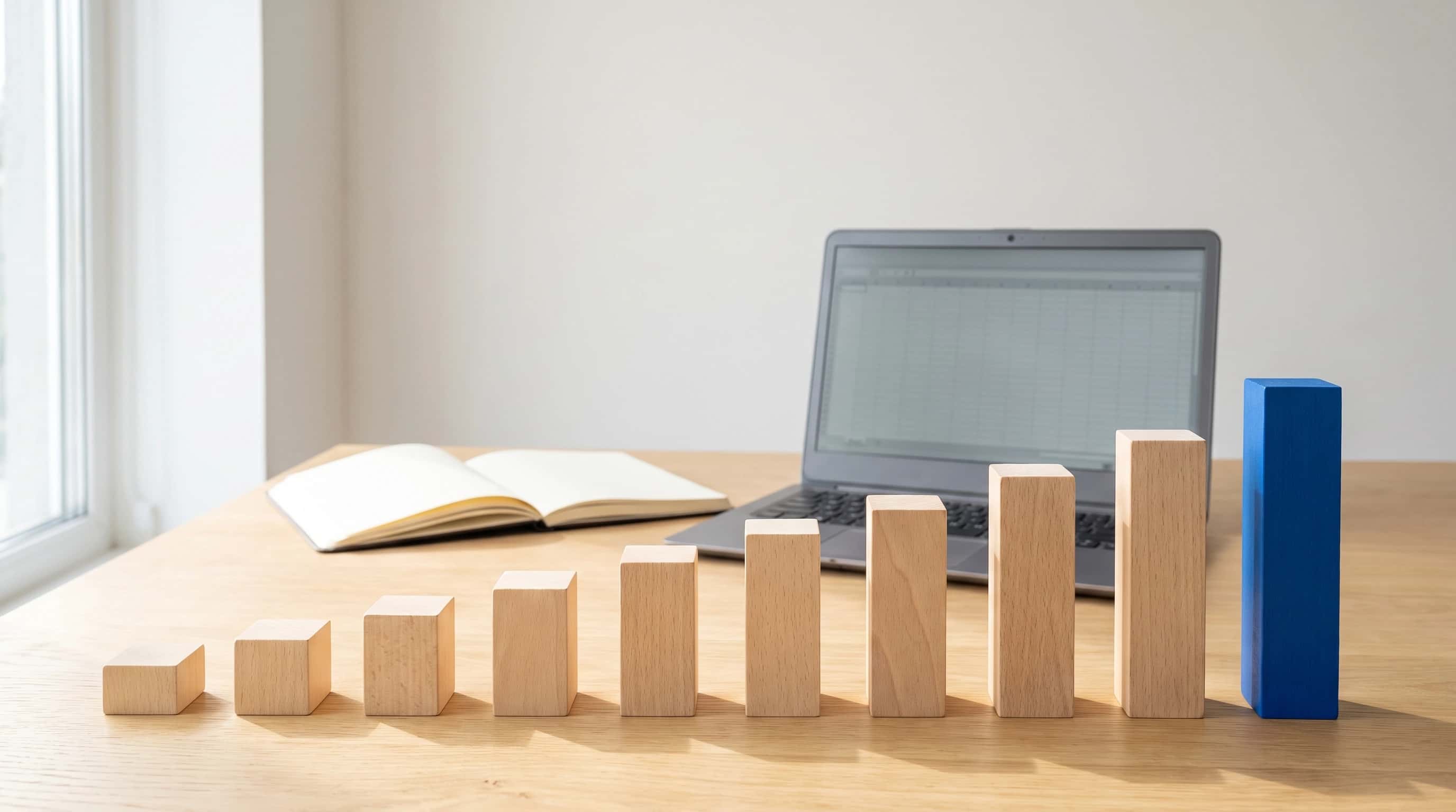 Stilleven van een rij houten blokjes in oplopende hoogte op een lichte werktafel, met daarnaast een opengeslagen notitieboek en een laptop met een lege tabel op het scherm