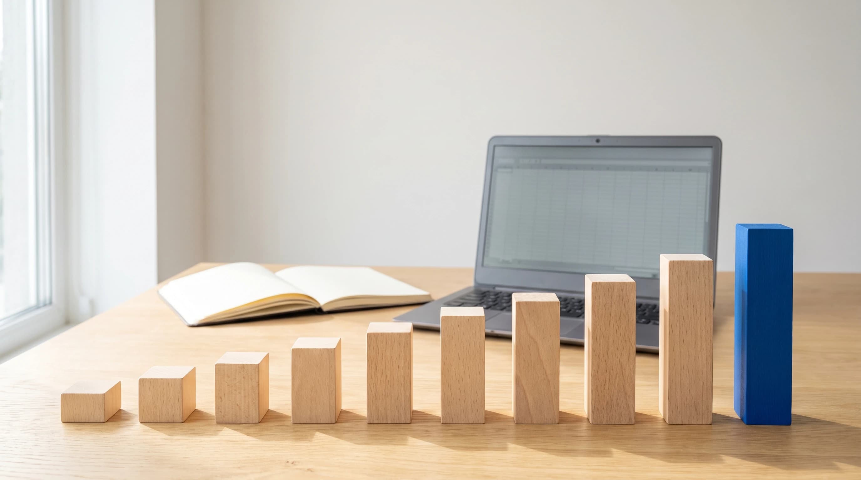 Stilleven van een rij houten blokjes in oplopende hoogte op een lichte werktafel, met daarnaast een opengeslagen notitieboek en een laptop met een lege tabel op het scherm
