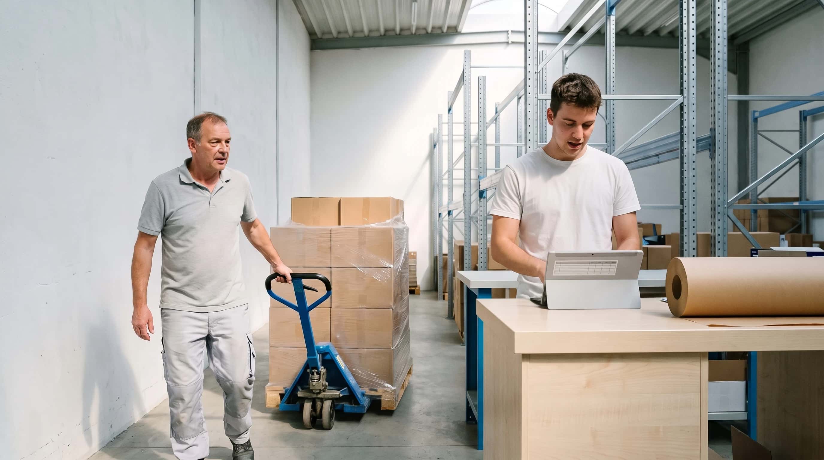 Magazijnmedewerker met een pallettruck in een gangpad terwijl een collega aan de inpaktafel een tablet bekijkt