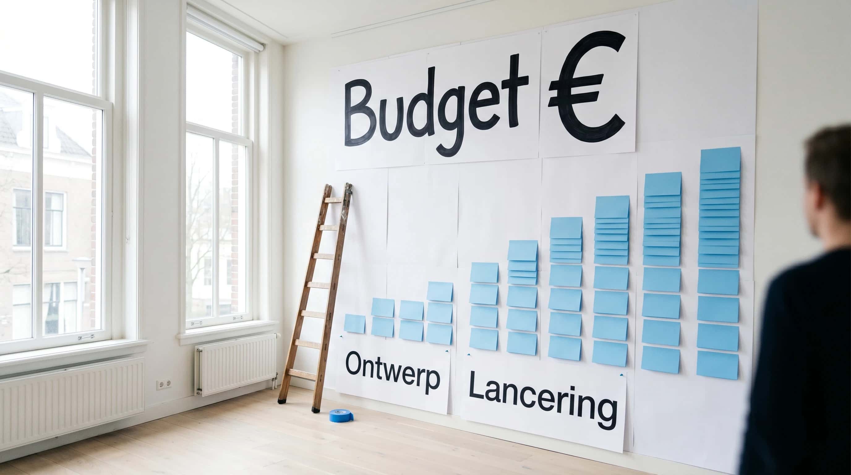Projectmanagerbureau met software-kostenoverzicht dat fasen Ontwerp, Ontwikkeling, Testing en Lancering toont met eurobedragen, en een weegschaal die Kwaliteit tegen Budget afweegt