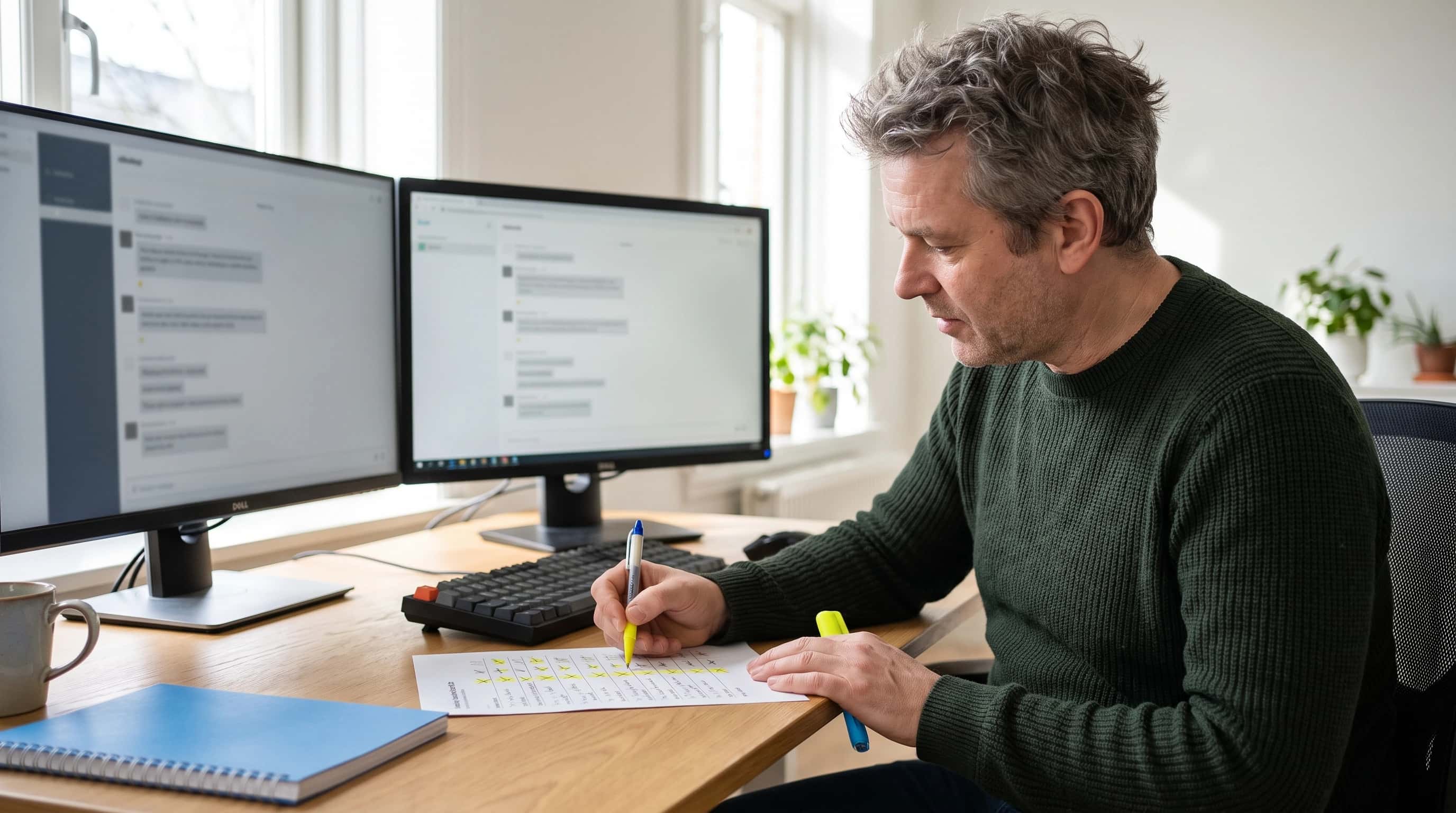 Een ontwikkelaar vergelijkt op twee monitors twee AI-antwoorden en zet met een markeerstift vinkjes op een uitgeprinte testset