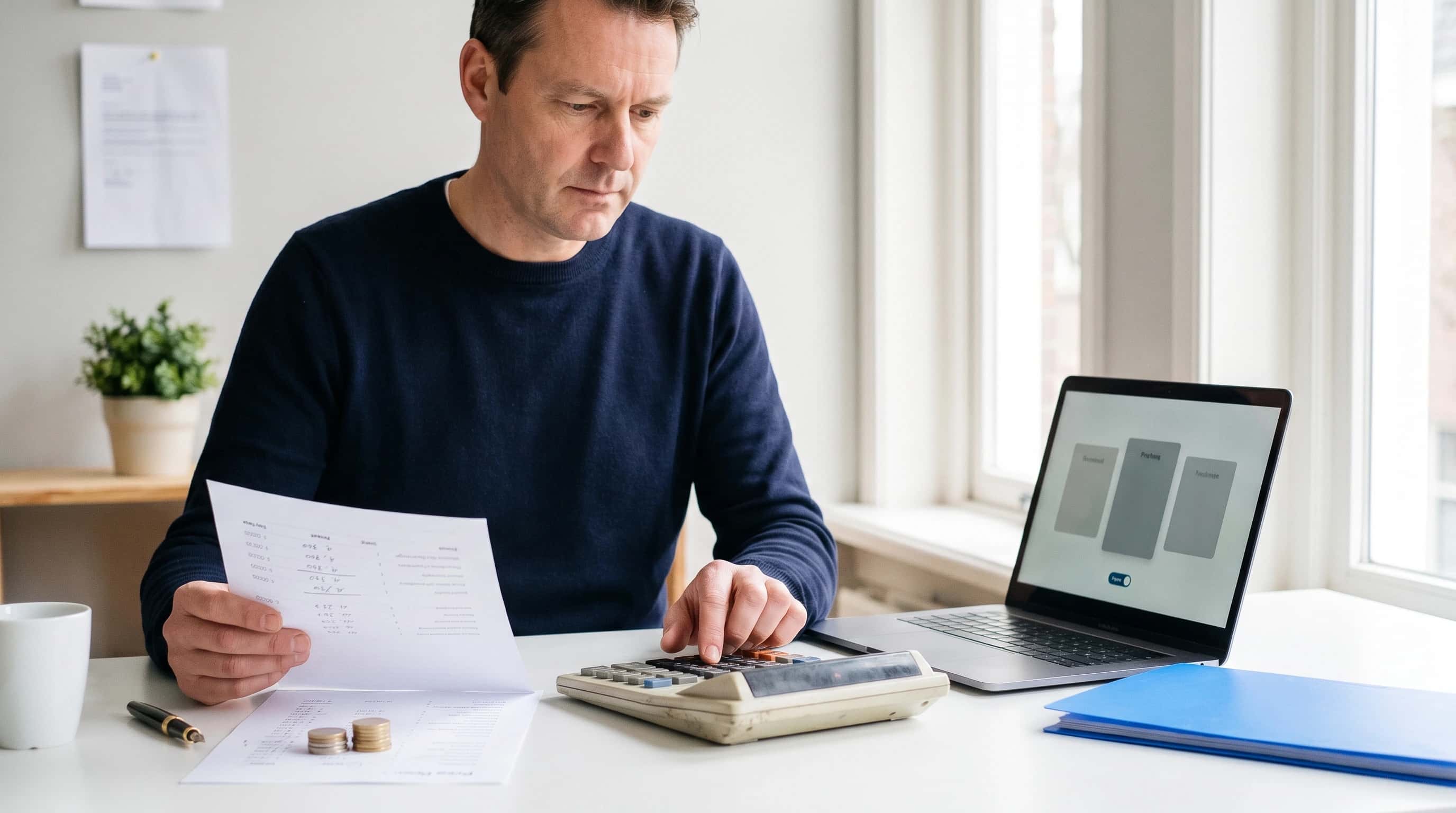 Een manager rekent met een rekenmachine een uitgeprinte prijslijst na, naast een laptop met drie prijskaarten van een AI-abonnement