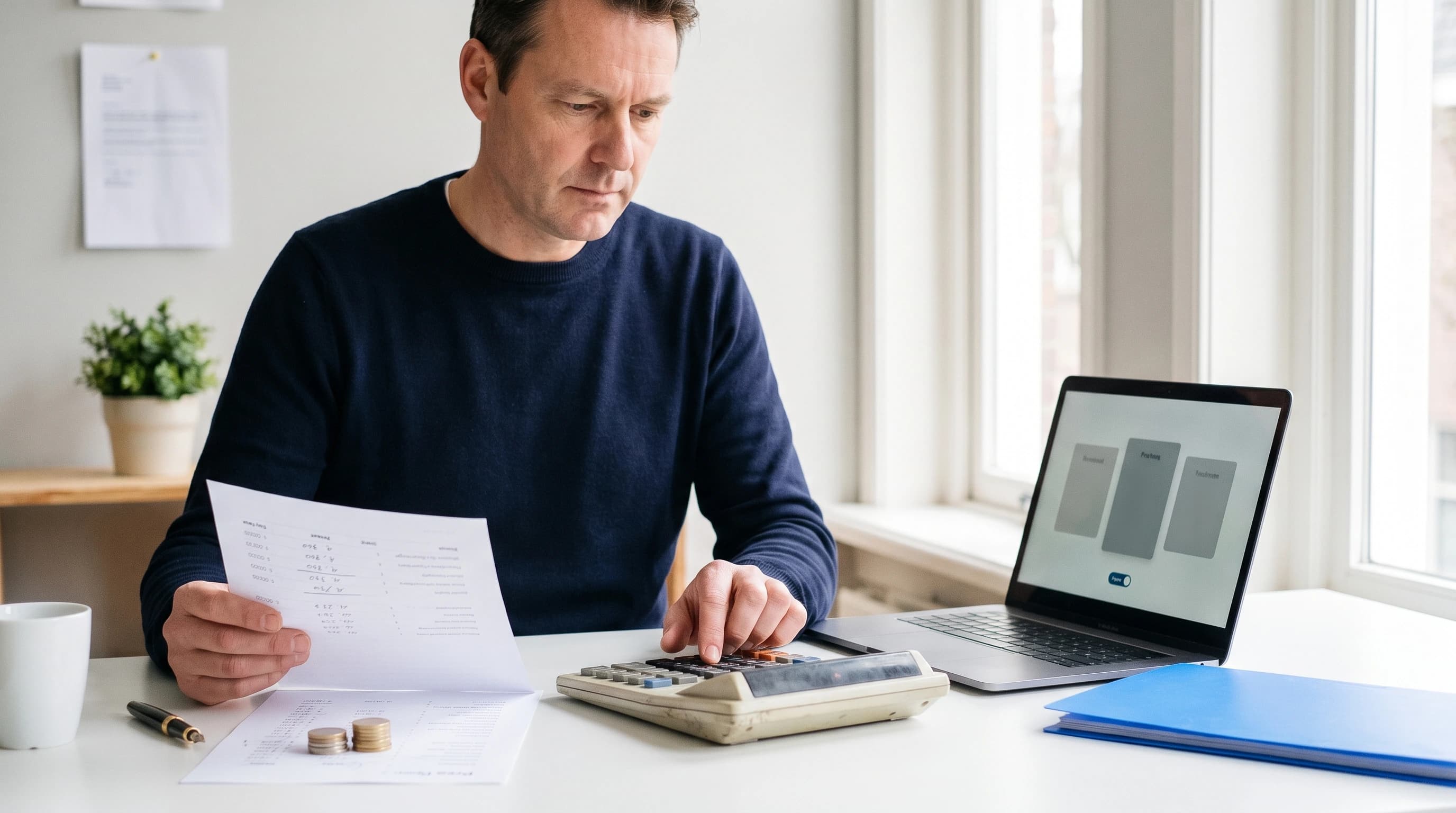 Een manager rekent met een rekenmachine een uitgeprinte prijslijst na, naast een laptop met drie prijskaarten van een AI-abonnement