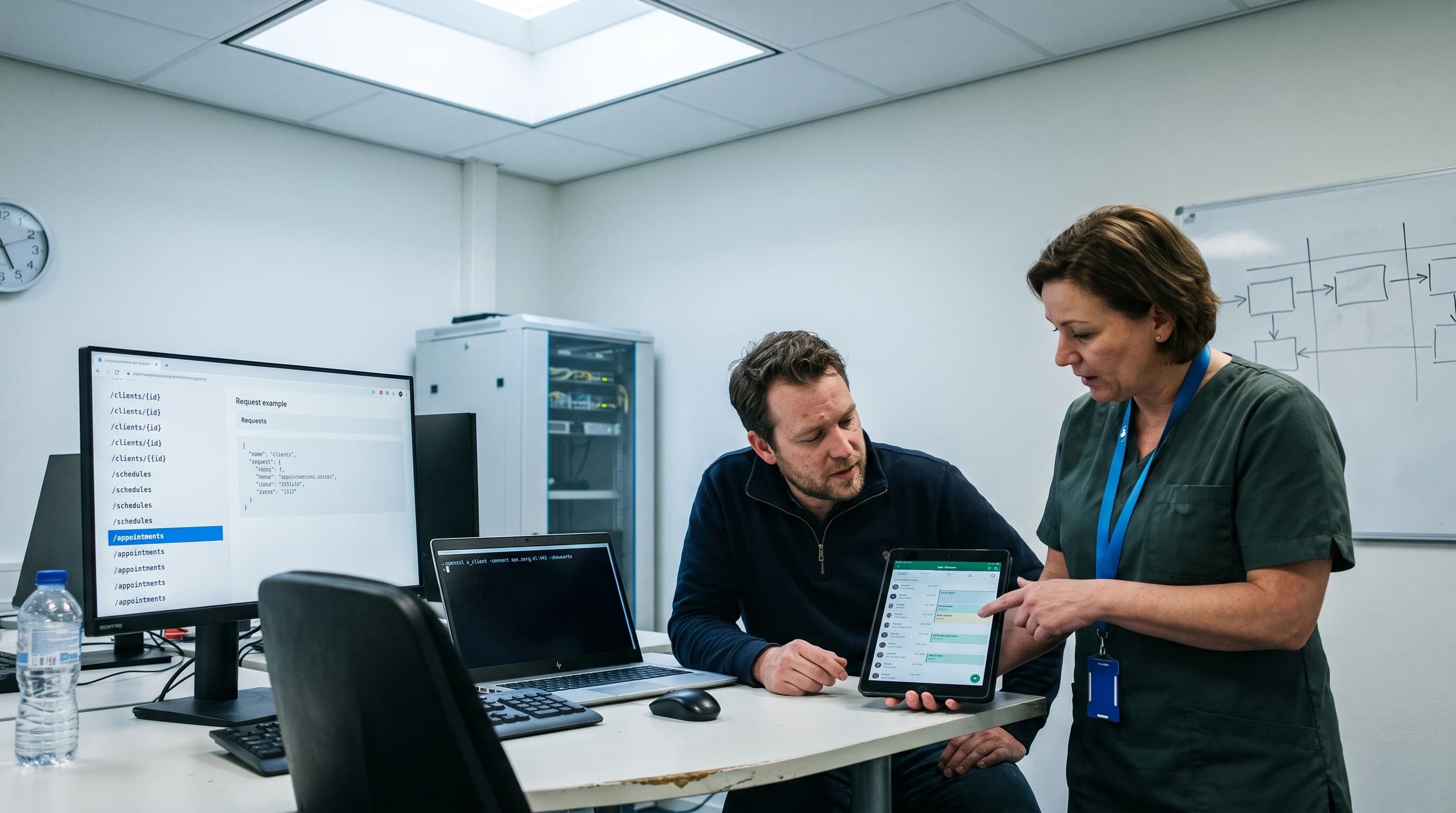 Ontwikkelaar bekijkt op een laptop de endpoints en certificaatinstellingen van een koppeling met een zorgsysteem