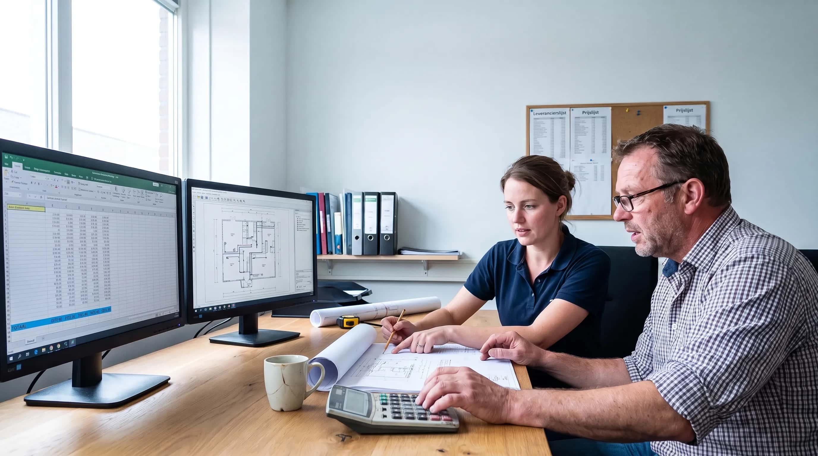 Calculator van een installatiebedrijf werkt aan een offerte op twee schermen met een calculatiestaat, terwijl een collega met een bouwtekening meekijkt