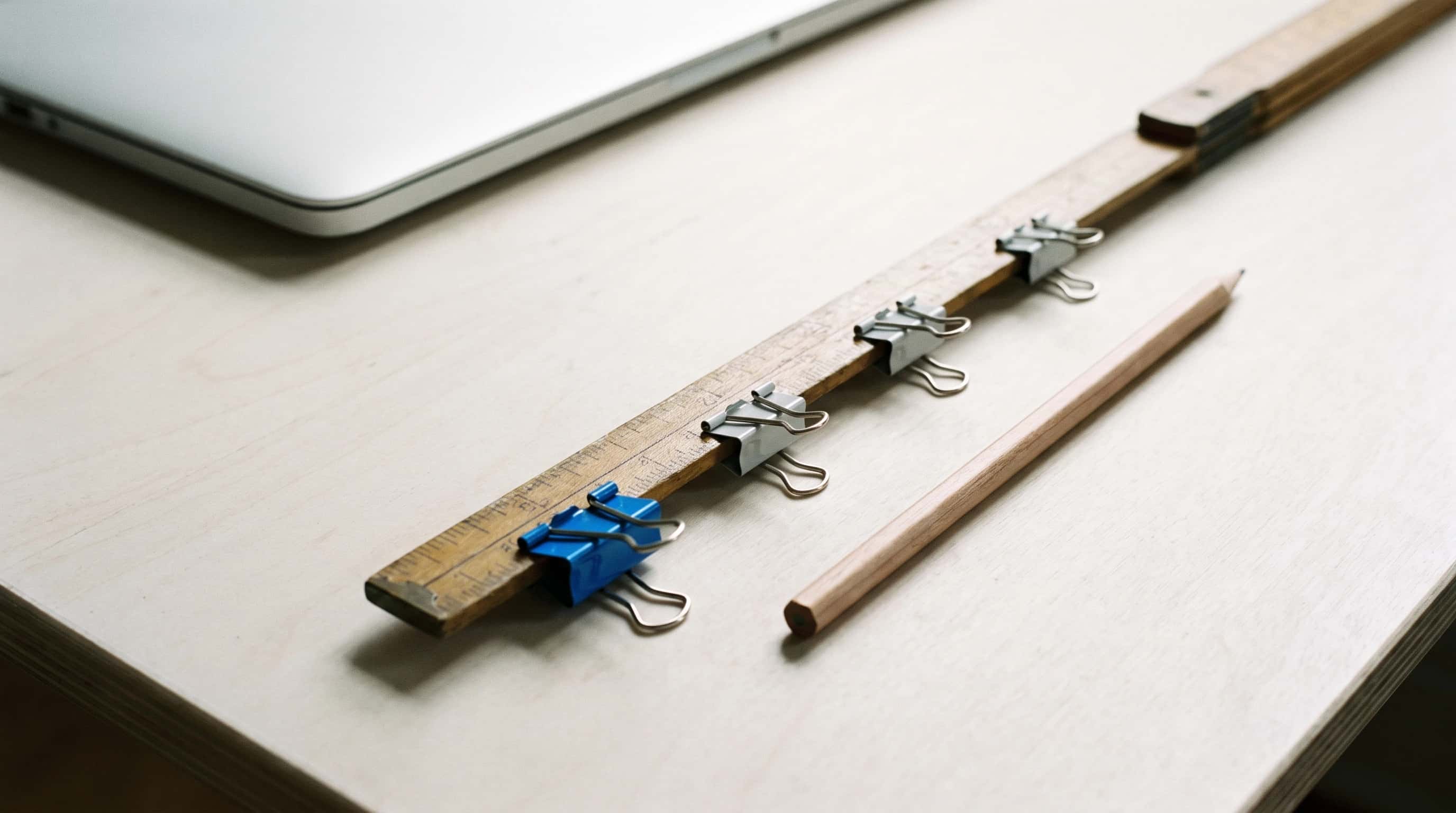 Een lange houten meetlat op een licht bureau met vijf papieren clips op oplopende afstanden, waarvan één elektrisch blauw, naast de rand van een laptop
