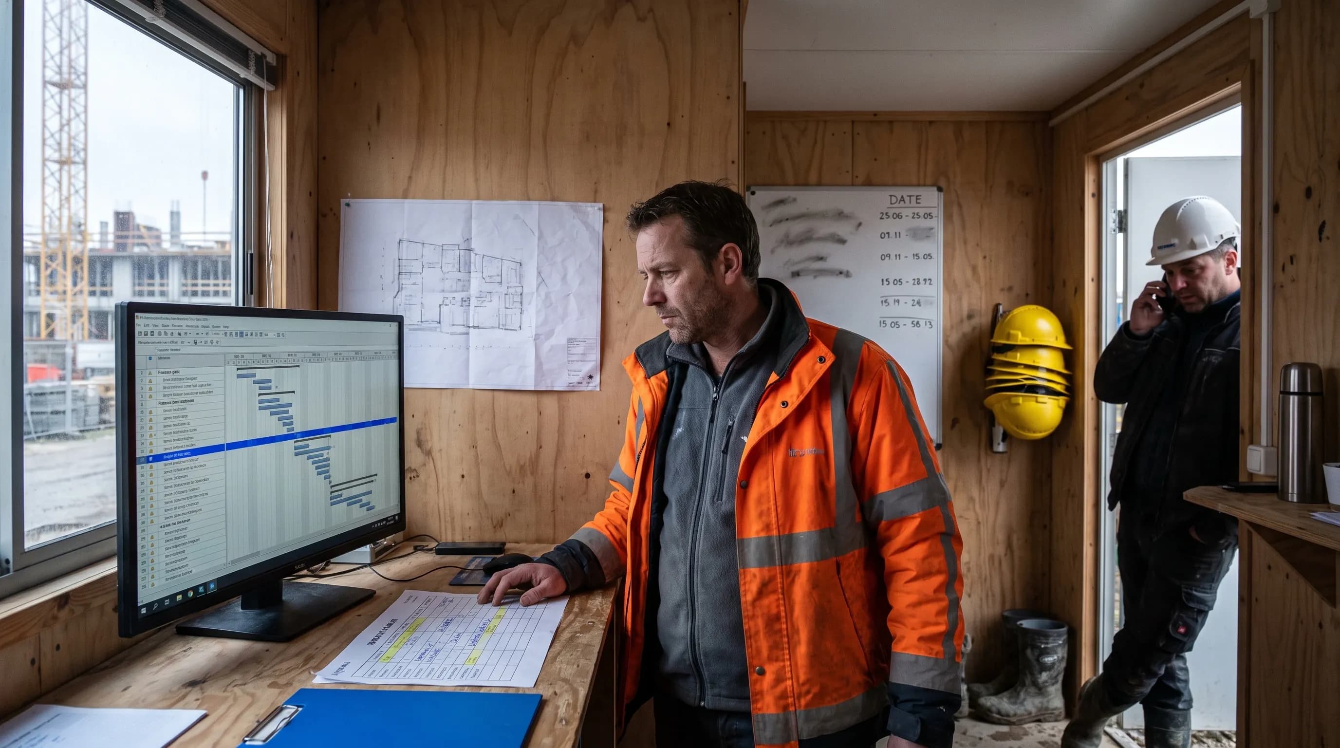 Werkvoorbereider en uitvoerder in een bouwkeet bekijken samen een balkenplanning op een breedbeeldscherm, met een bouwtekening op tafel ernaast
