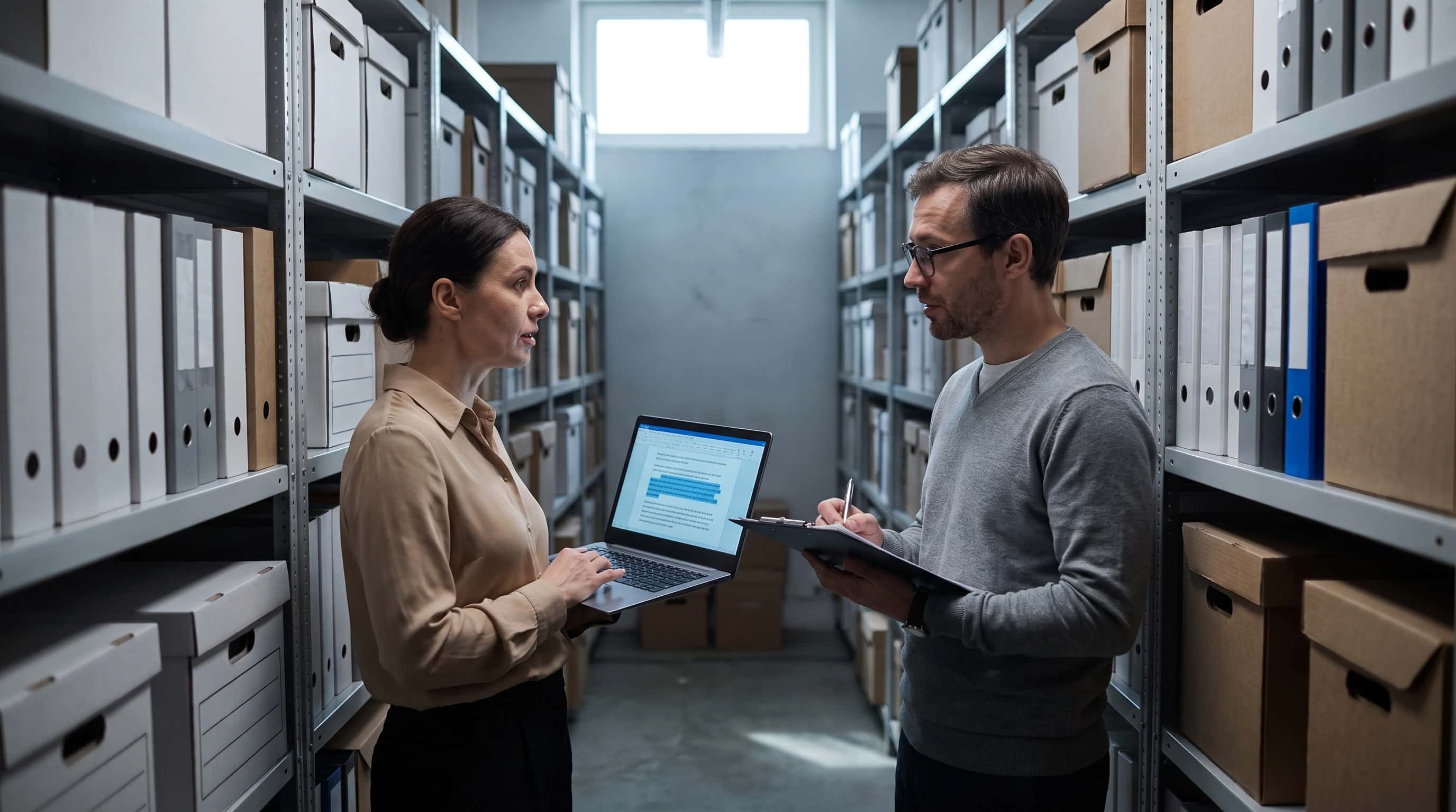Twee collega’s in een archiefruimte met stapels dozen: een van hen houdt een laptop met een zoekvenster, de ander noteert kosten op een klembord