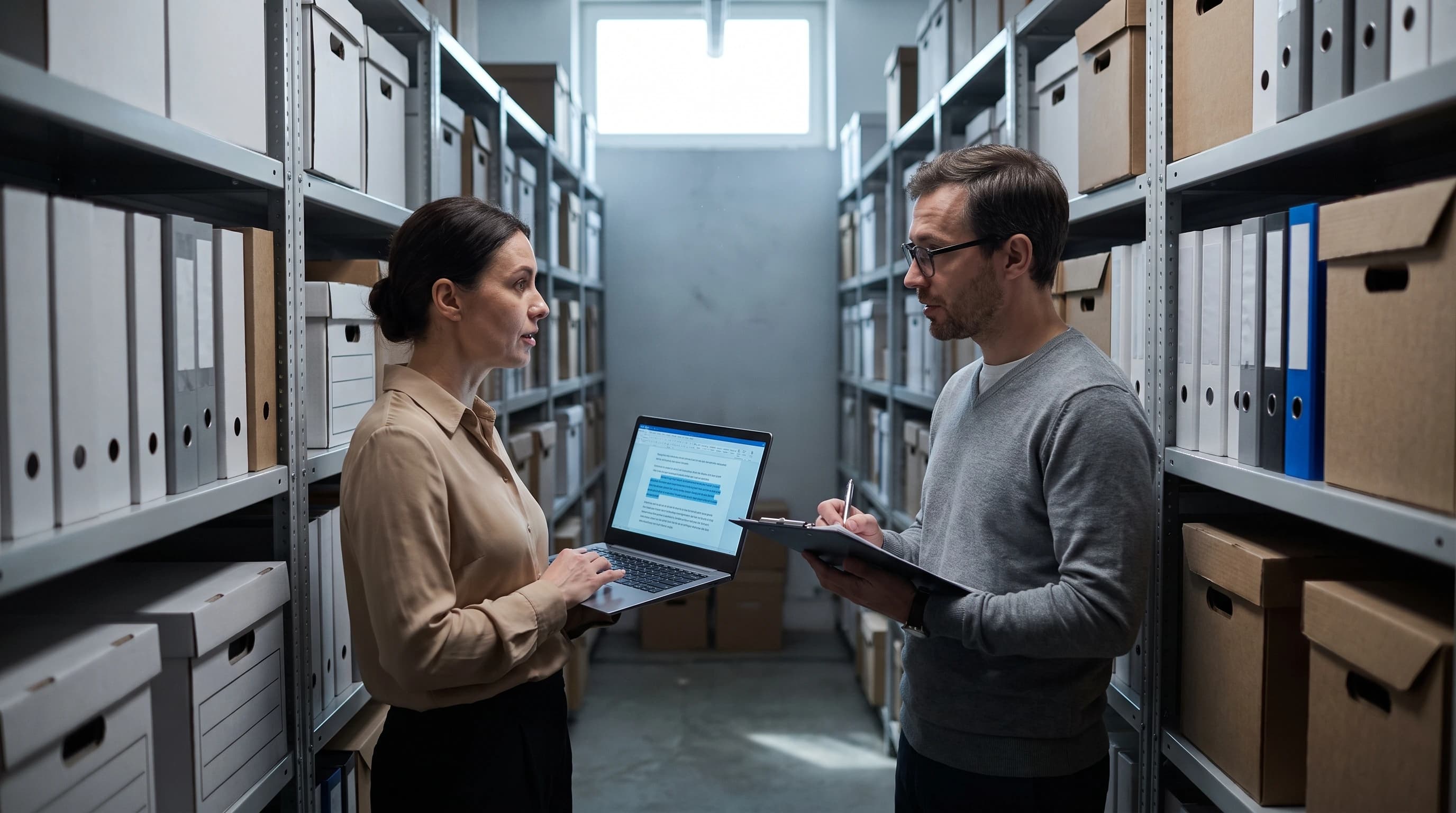 Twee collega’s in een archiefruimte met stapels dozen: een van hen houdt een laptop met een zoekvenster, de ander noteert kosten op een klembord