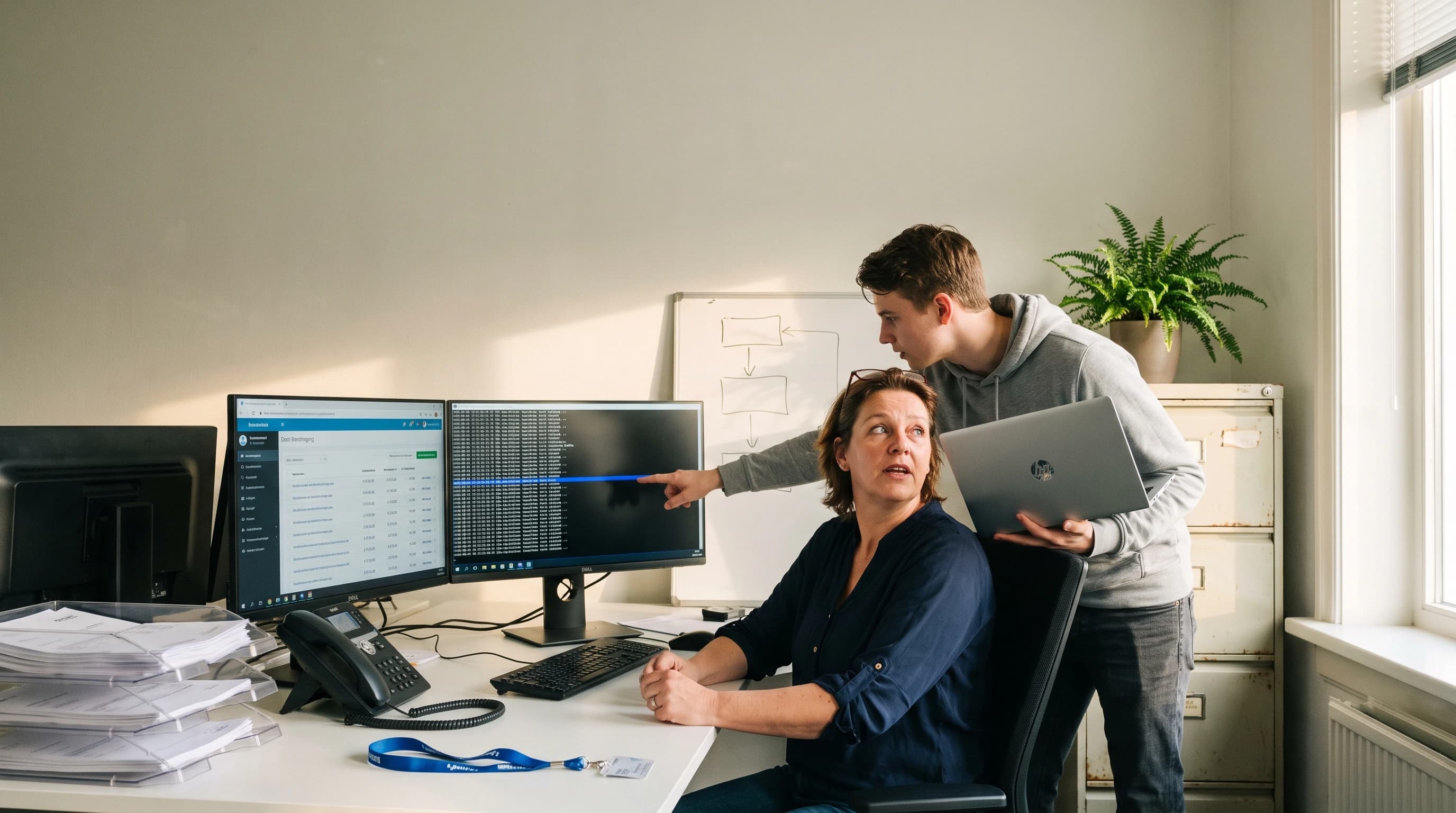 Ontwikkelaar bekijkt op een laptopscherm de code van een SnelStart-koppeling met de token-aanvraag en de response-headers