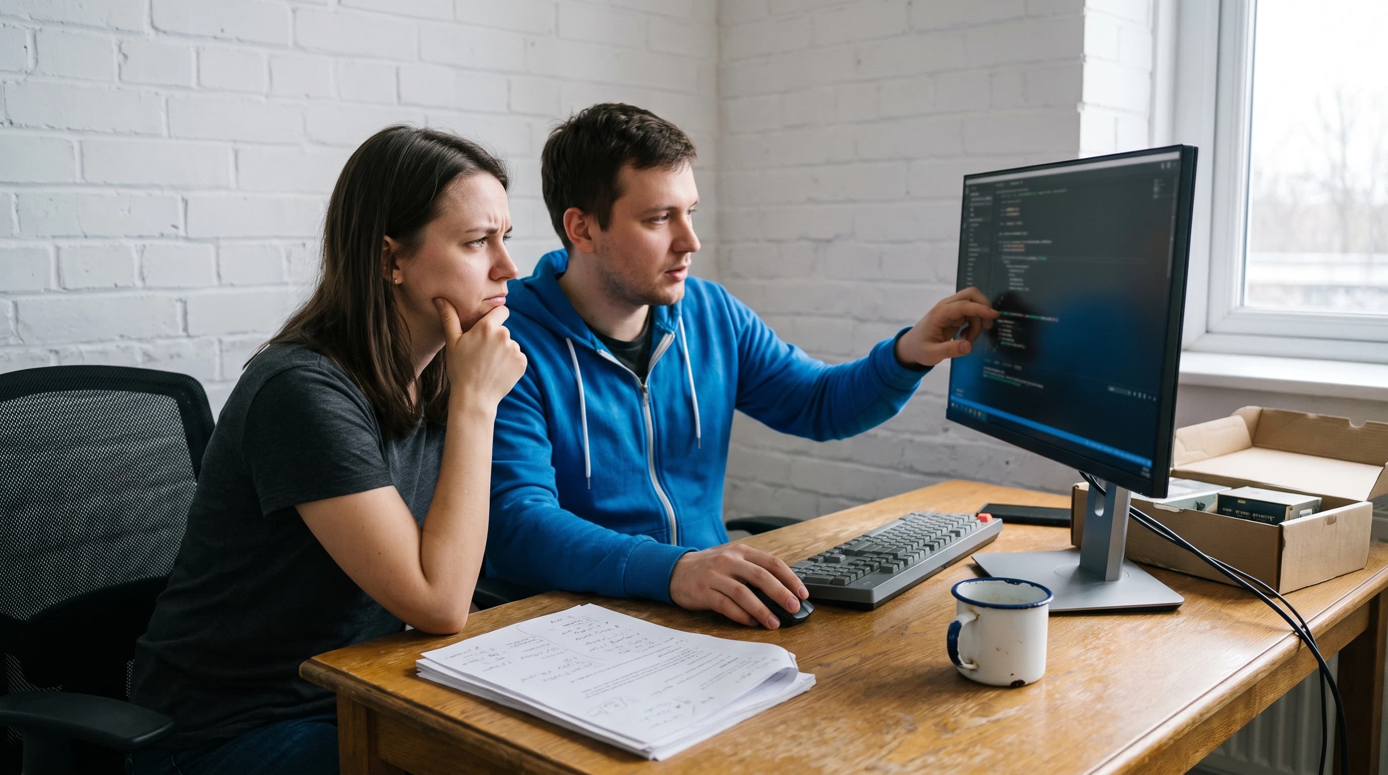Twee ontwikkelaars kijken samen op een laptop naar de code van een bestaande applicatie tijdens een overdracht