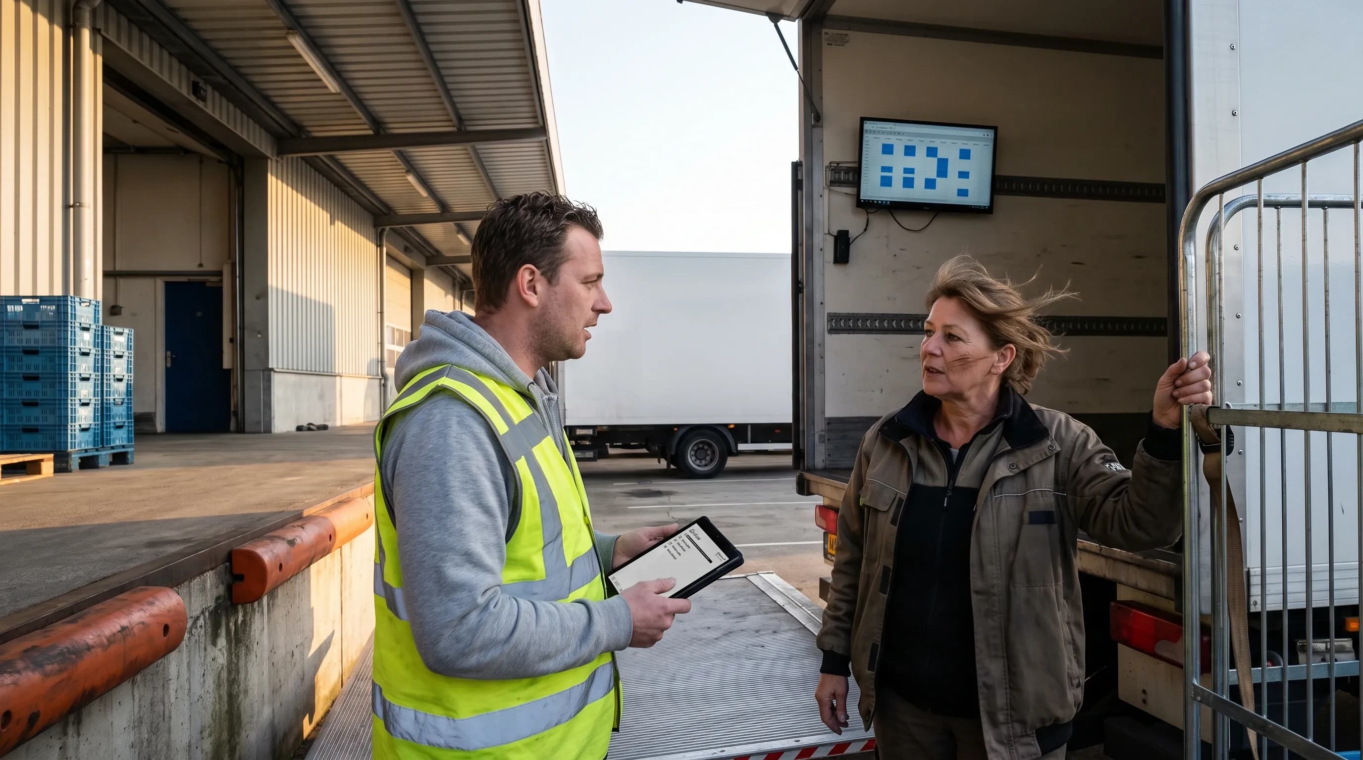 Planner bij een transportbedrijf overlegt met een chauffeur bij de laadklep, met het planbord en de ritlijst op het scherm achter hen