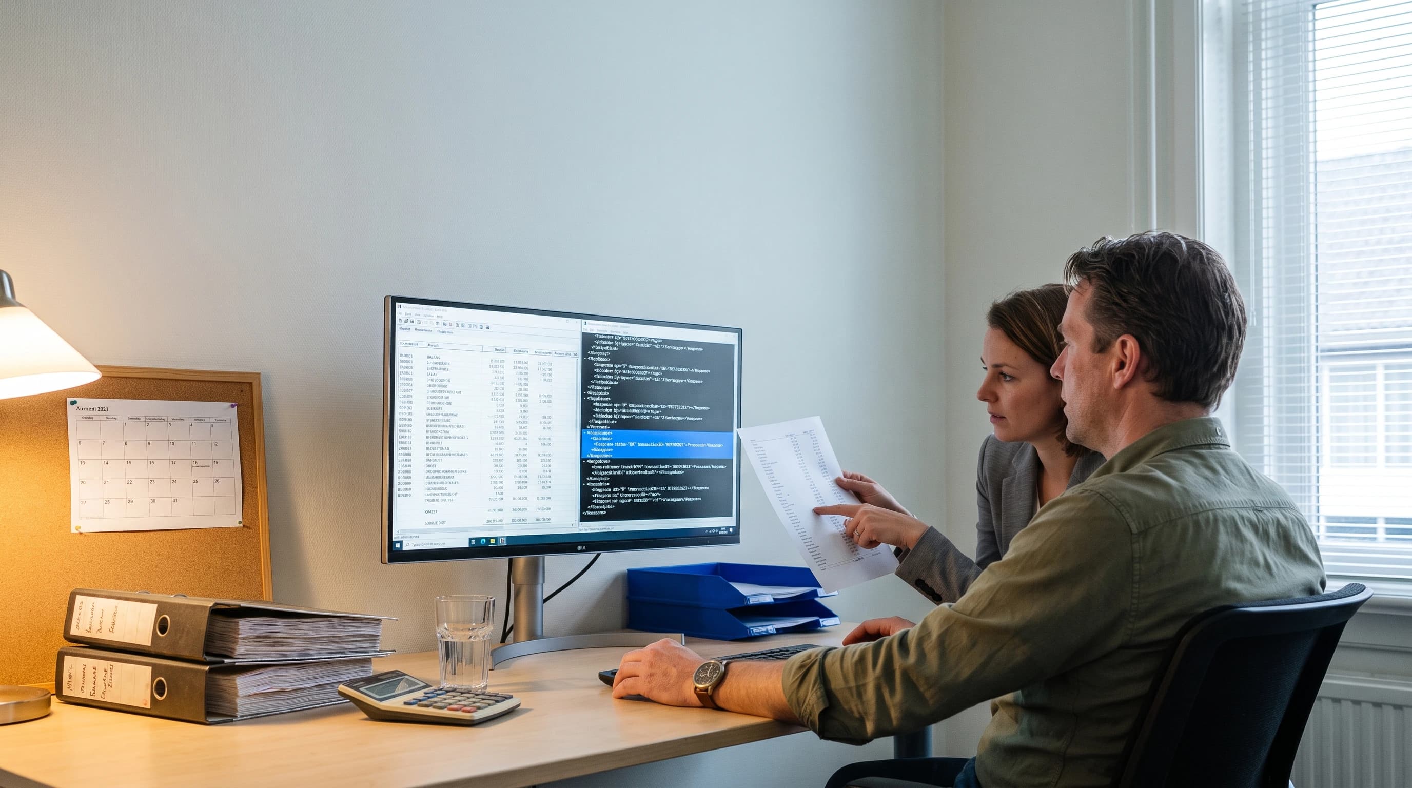 Twee collega’s bekijken op een monitor een grootboekoverzicht naast het XML-log van een boekhoudkoppeling