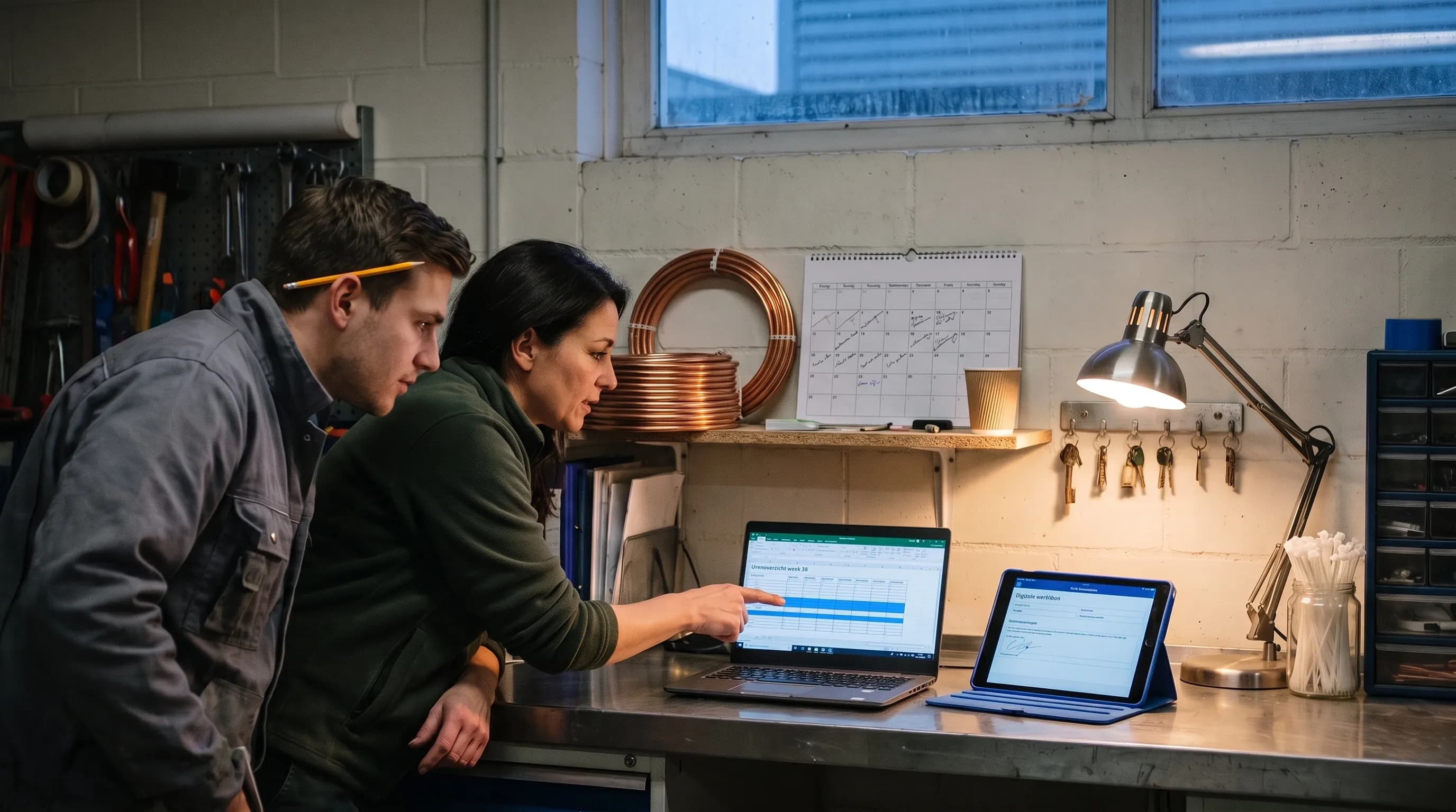 Werkvoorbereider en monteur kijken samen op een laptop naar een urenoverzicht met toeslagregels, met een tablet met werkbon ernaast