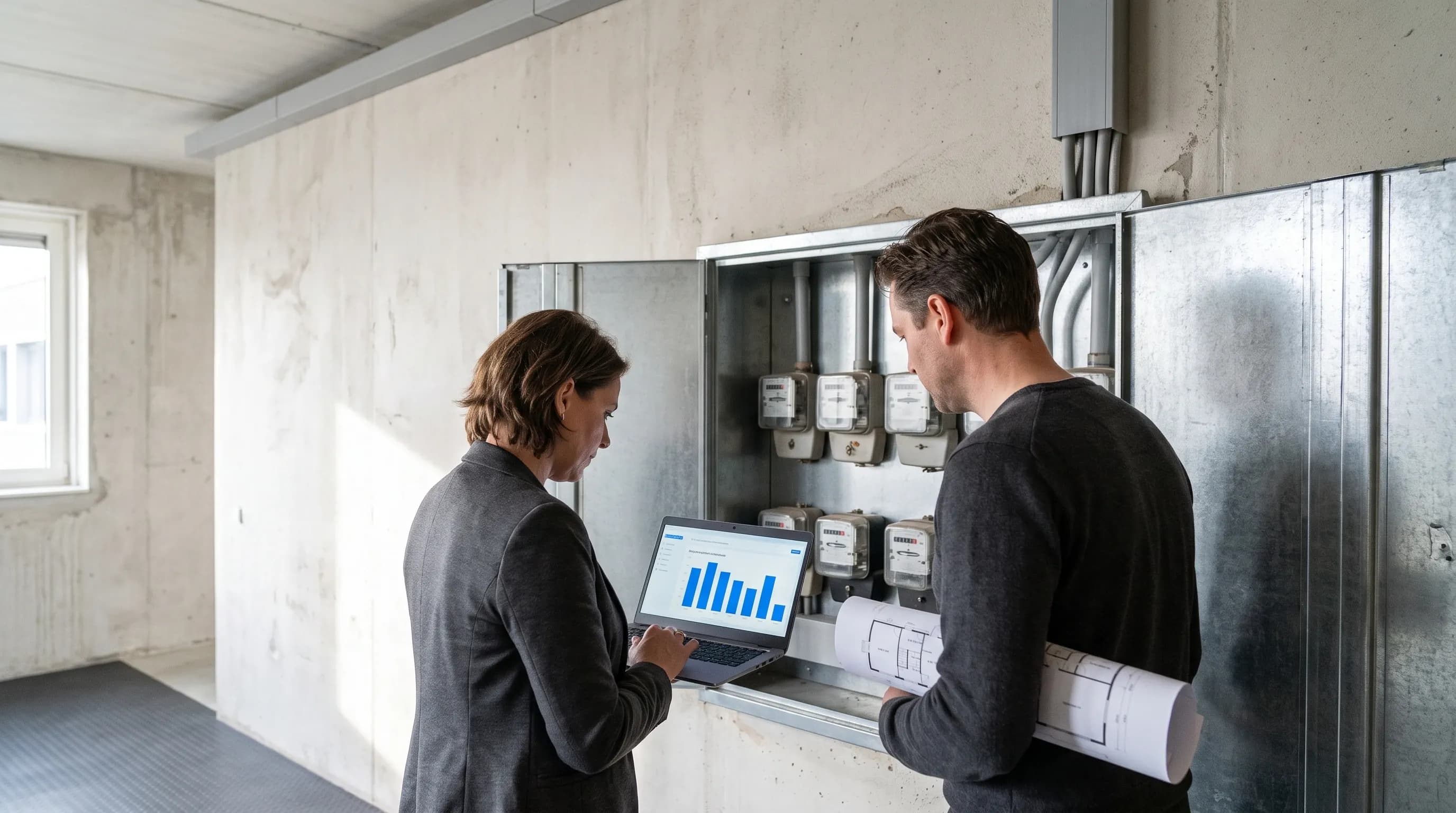Vastgoedbeheerder en huurder bekijken samen een huurdersportaal met energieverbruik per unit op een laptop