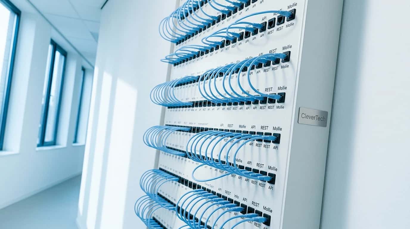 Illustratie van een vintage telefooncentrale met koperen kabels die verbindingen maken op een switchboard, als metafoor voor hoe API's systemen met elkaar verbinden