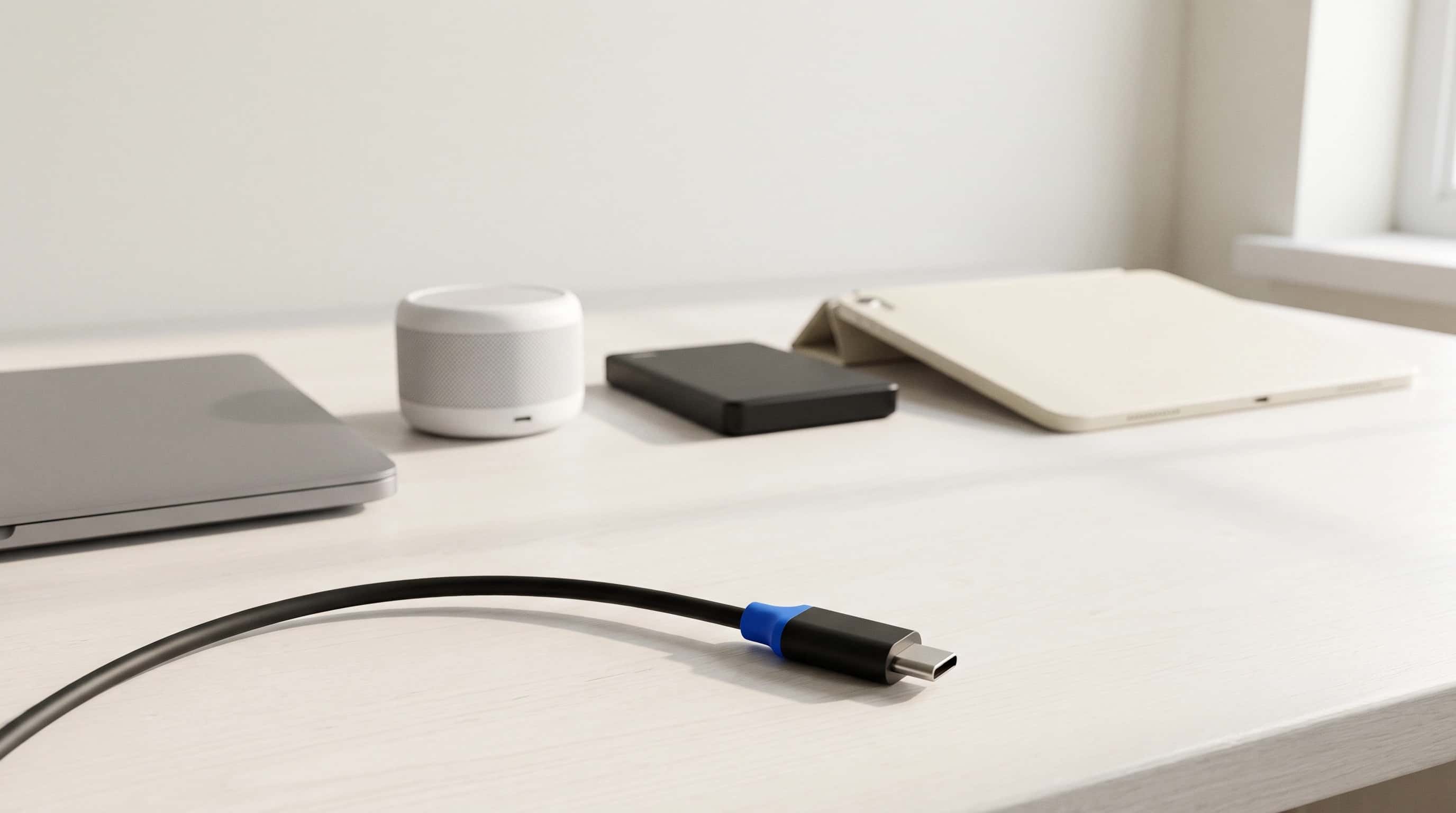 Stilleven van een enkele USB-C-kabel die op een licht bureau naar een rij van vier verschillende blanco apparaten loopt, met een blauw accent op de stekker