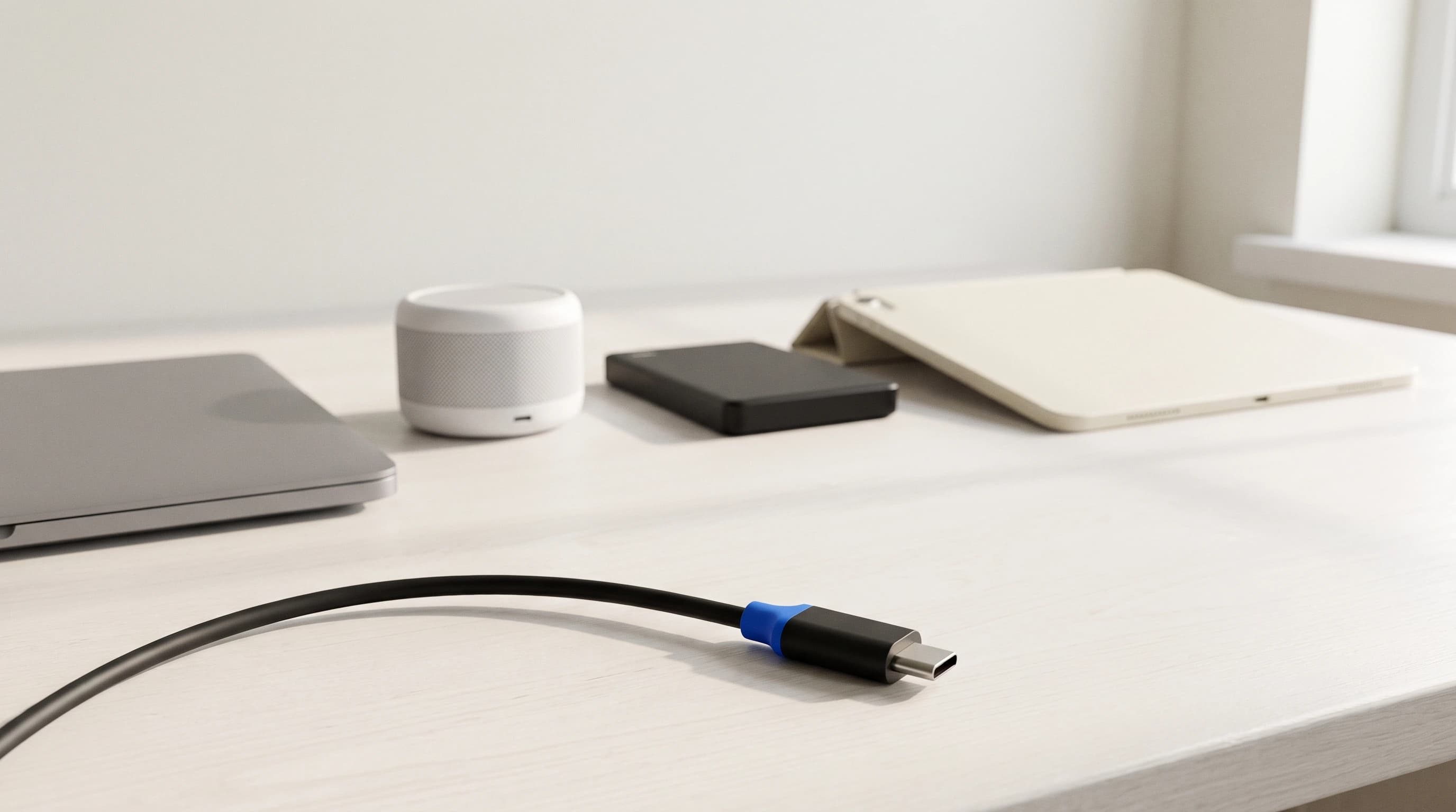 Stilleven van een enkele USB-C-kabel die op een licht bureau naar een rij van vier verschillende blanco apparaten loopt, met een blauw accent op de stekker