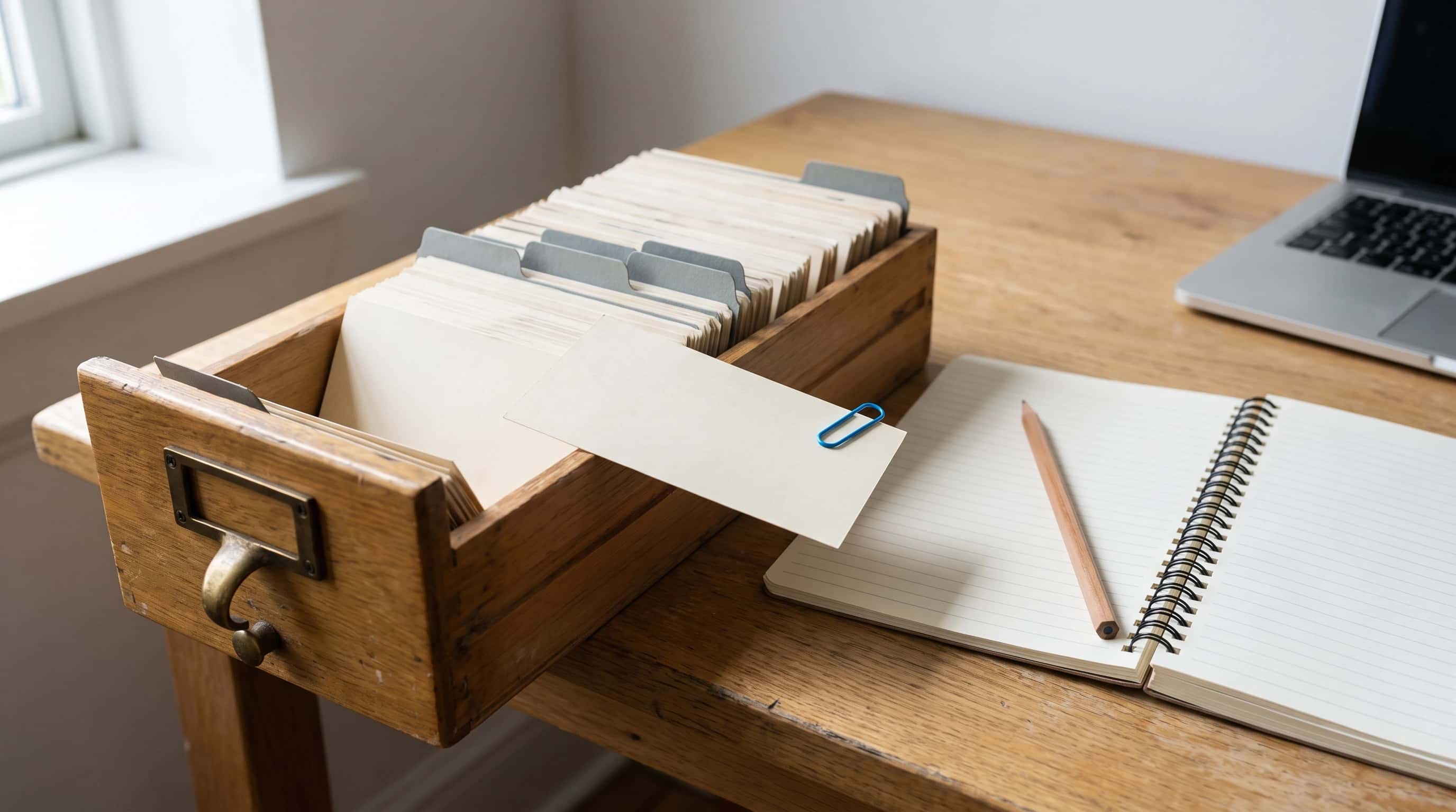 Een open archiefkastlade met kartonnen tabbladen, waaruit één kaart is getrokken en naast een opengeslagen notitieboek op een licht bureau ligt